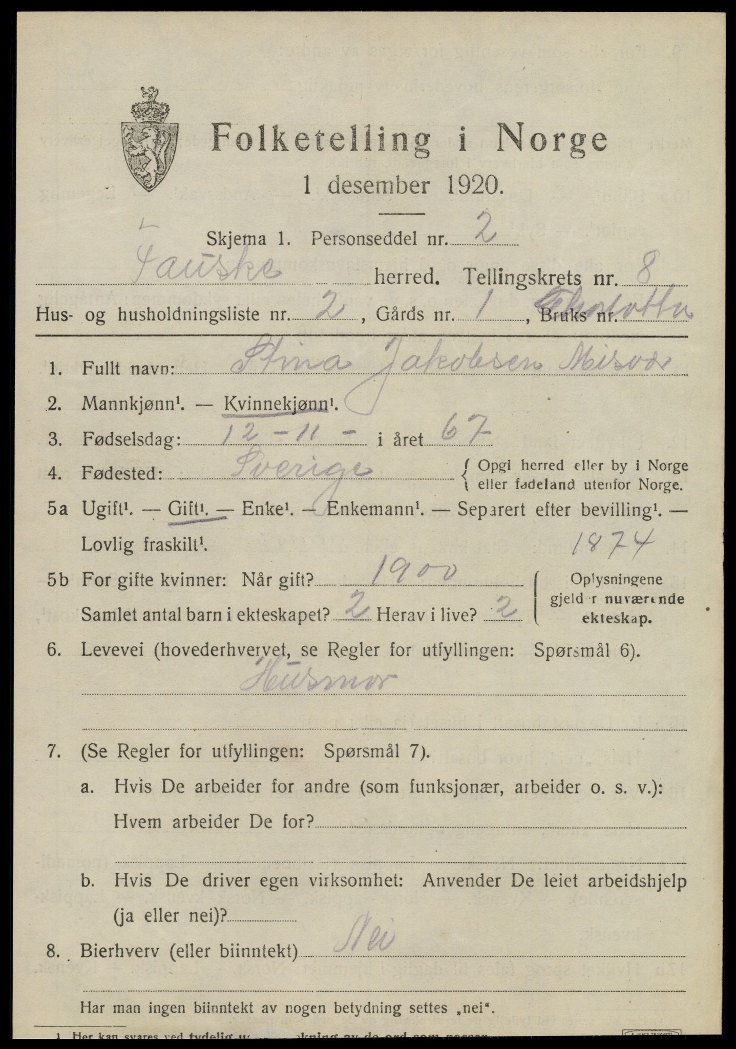 SAT, 1920 census for Fauske, 1920, p. 6074