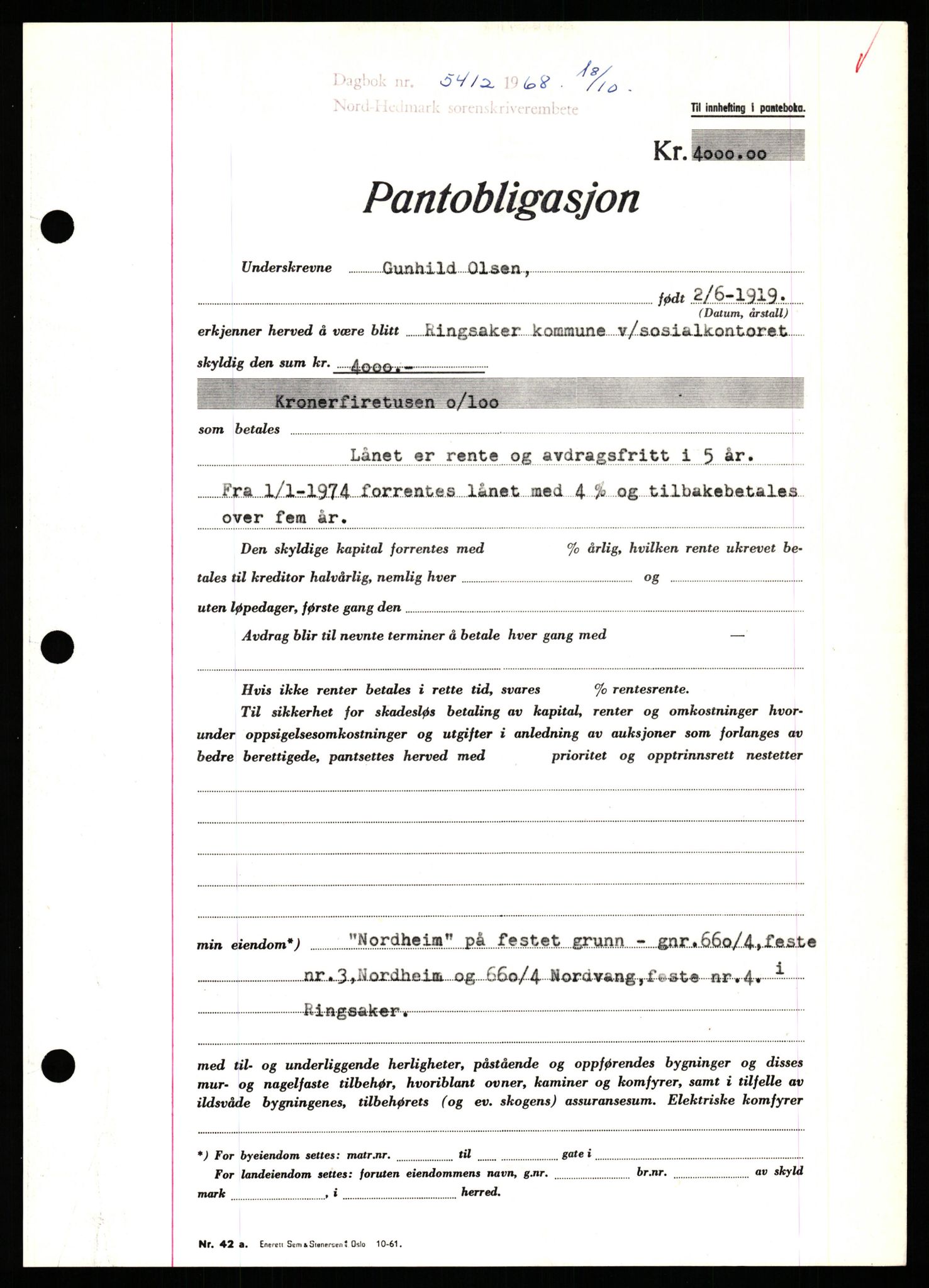 Nord-Hedmark sorenskriveri, SAH/TING-012/H/Hb/Hbf/L0077: Mortgage book no. B77, 1968-1969, Diary no: : 5412/1968