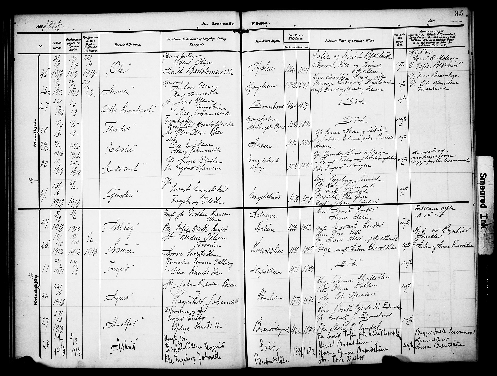 Dovre prestekontor, AV/SAH-PREST-066/H/Ha/Hab/L0003: Parish register (copy) no. 3, 1907-1929, p. 35