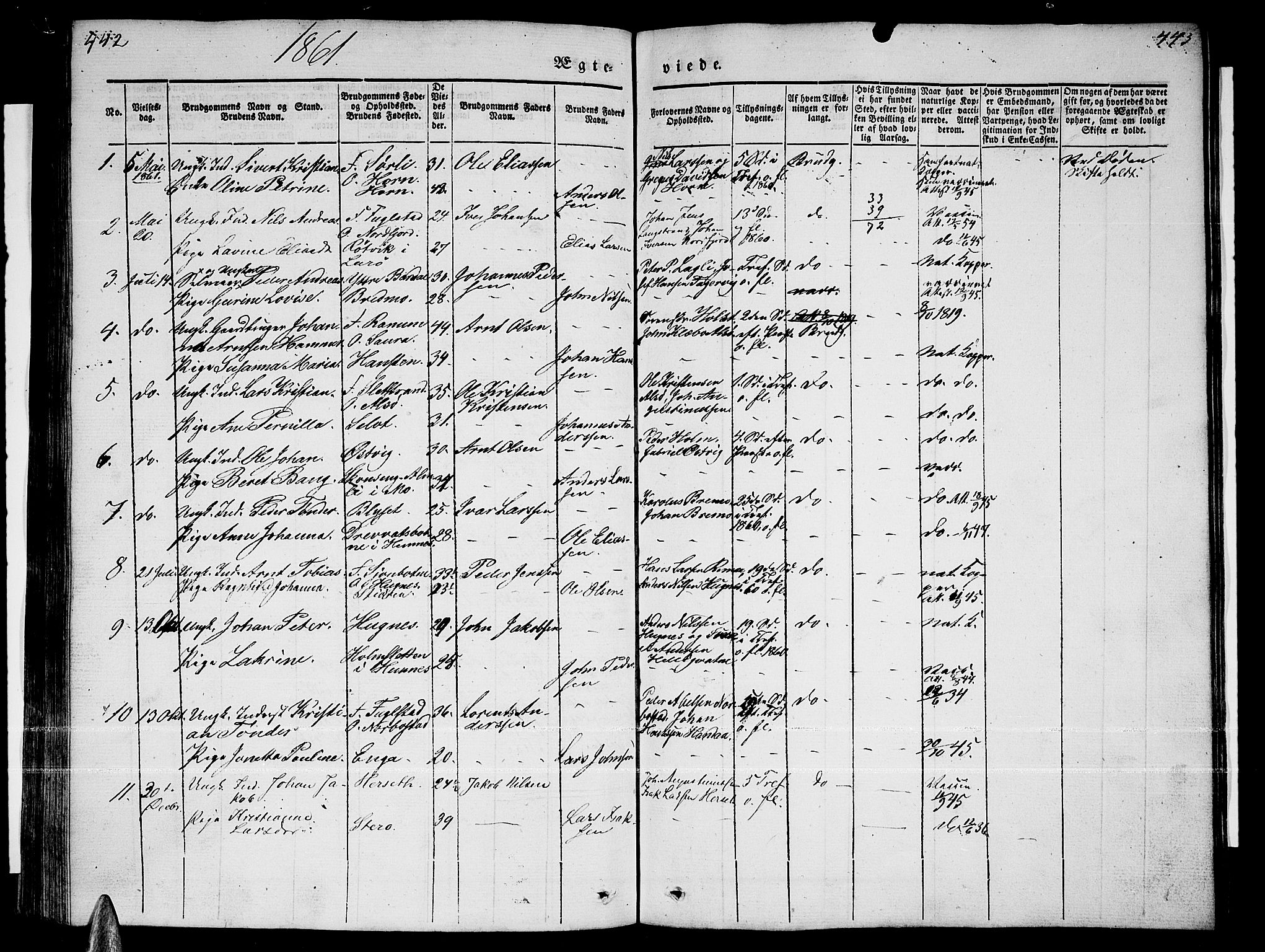 Ministerialprotokoller, klokkerbøker og fødselsregistre - Nordland, AV/SAT-A-1459/838/L0555: Parish register (copy) no. 838C02, 1842-1861, p. 442-443