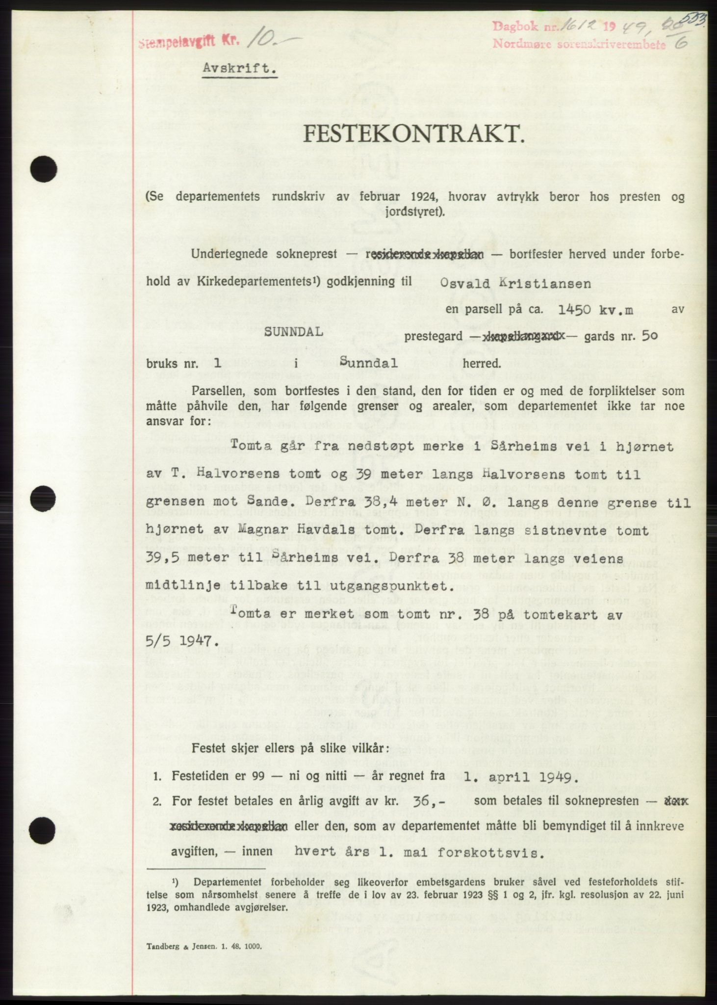 Nordmøre sorenskriveri, AV/SAT-A-4132/1/2/2Ca: Mortgage book no. B101, 1949-1949, Diary no: : 1612/1949