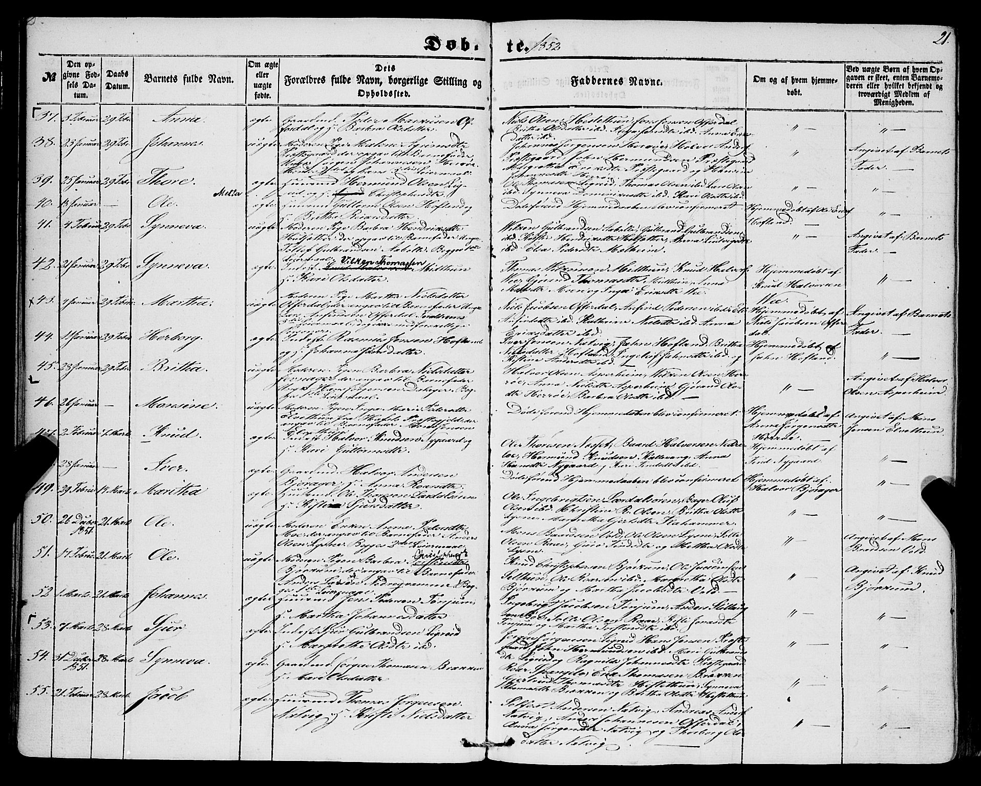 Lærdal sokneprestembete, SAB/A-81201: Parish register (official) no. A 11, 1850-1866, p. 21