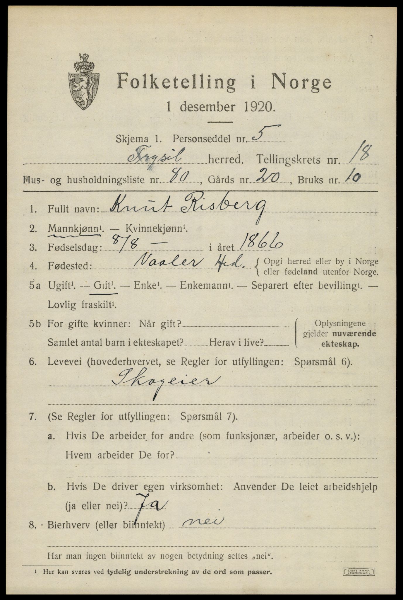 SAH, 1920 census for Trysil, 1920, p. 12723