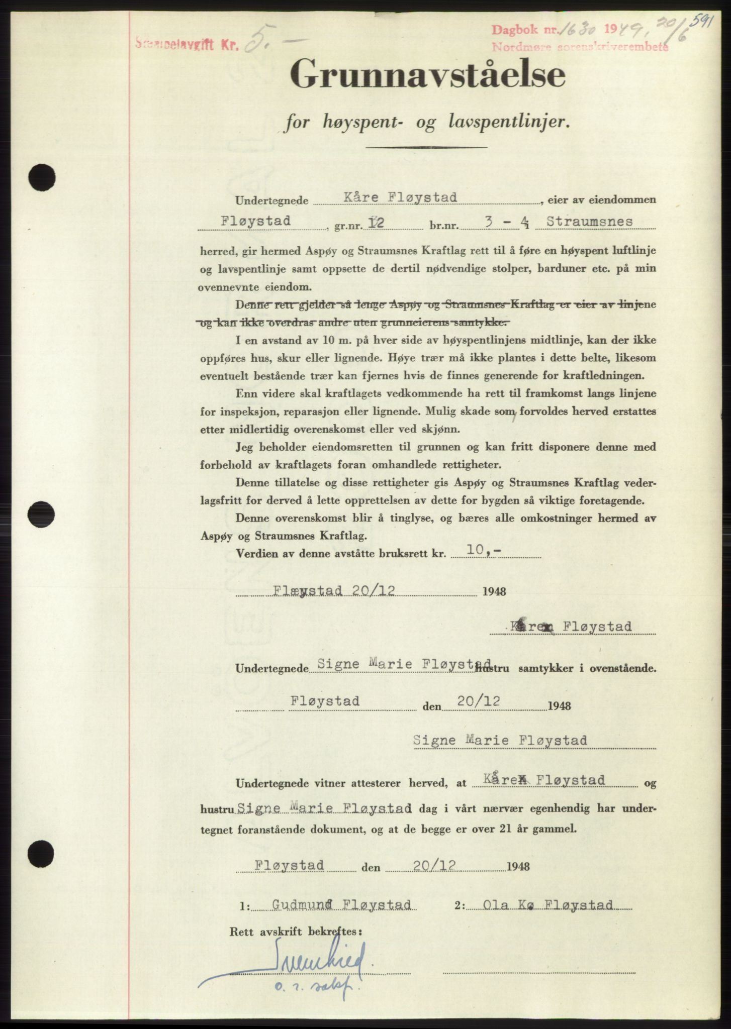 Nordmøre sorenskriveri, AV/SAT-A-4132/1/2/2Ca: Mortgage book no. B101, 1949-1949, Diary no: : 1630/1949