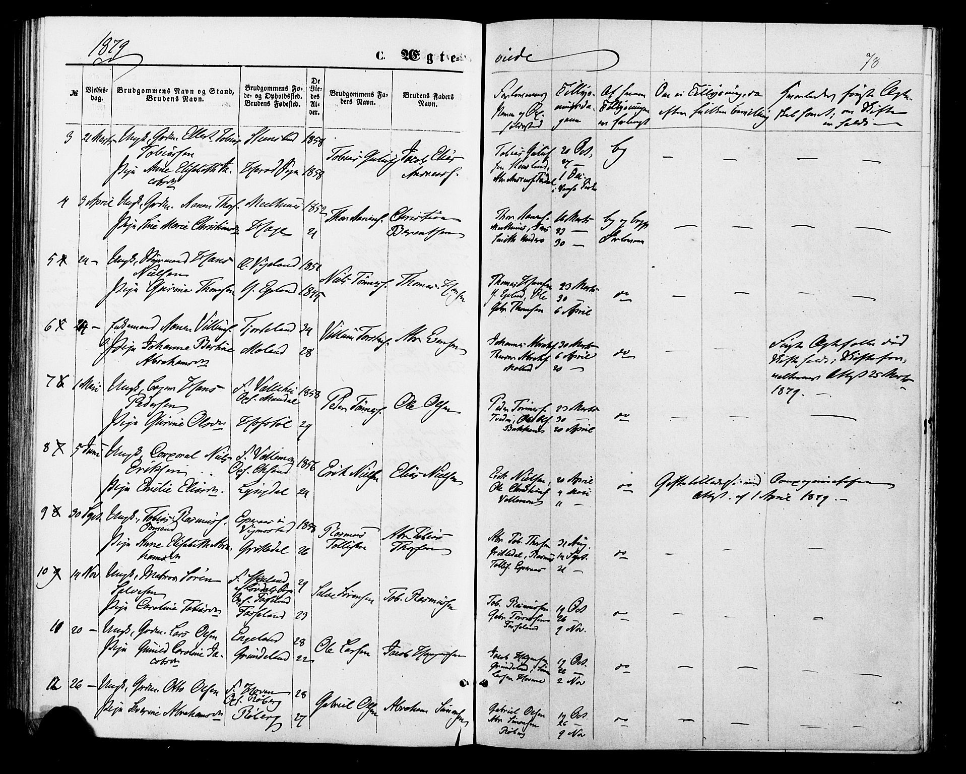 Sør-Audnedal sokneprestkontor, SAK/1111-0039/F/Fa/Fab/L0008: Parish register (official) no. A 8, 1876-1881, p. 78