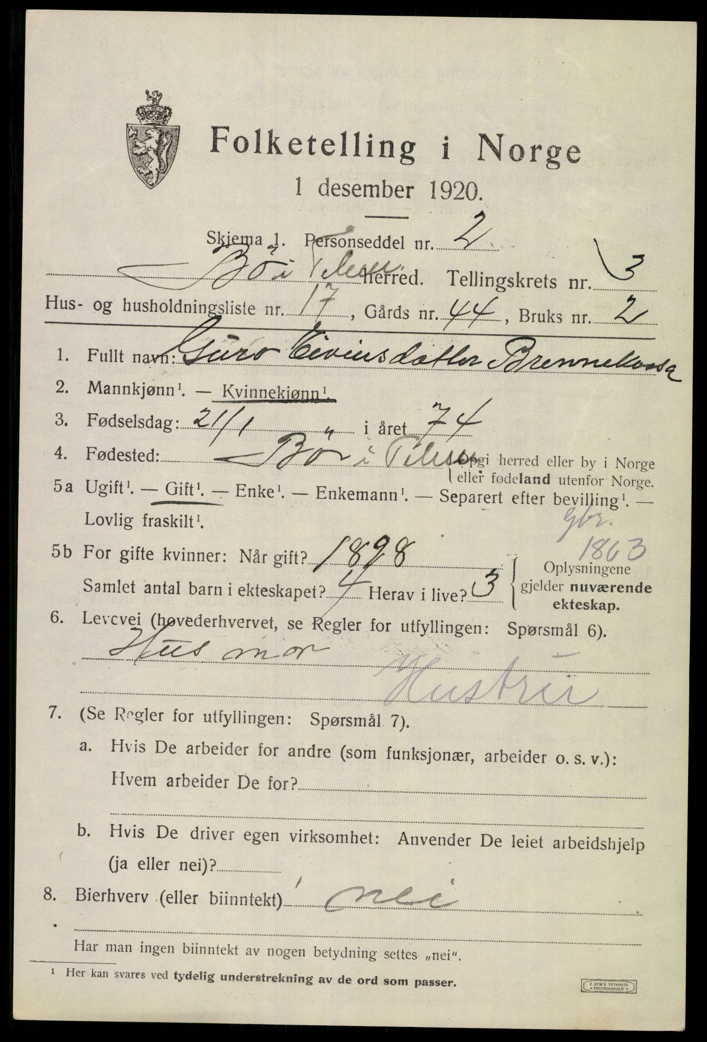 SAKO, 1920 census for Bø (Telemark), 1920, p. 2834