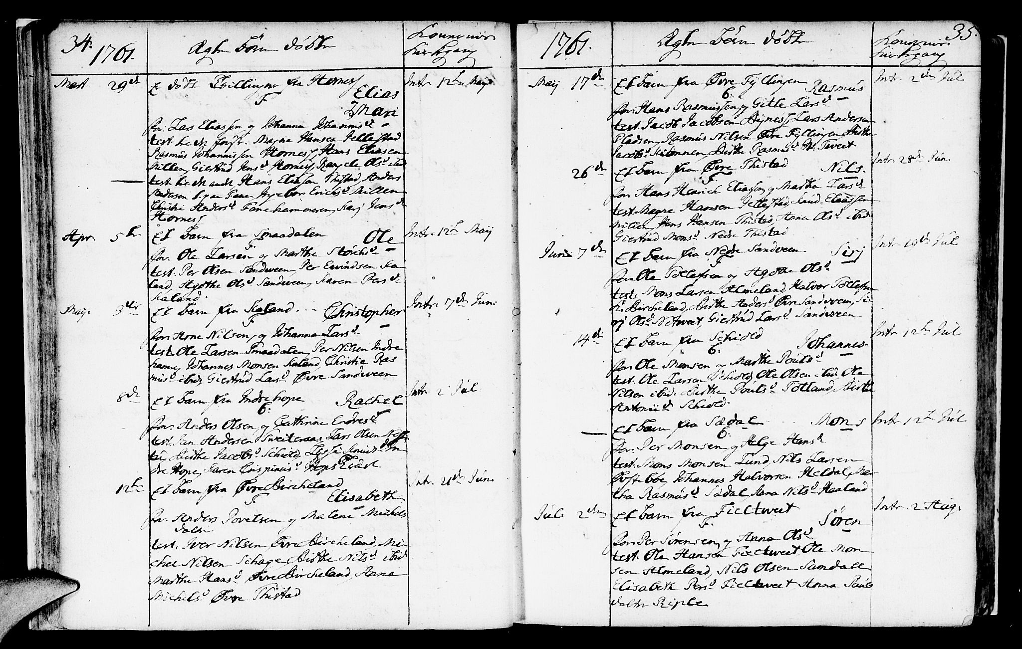 Fana Sokneprestembete, SAB/A-75101/H/Haa/Haaa/L0004: Parish register (official) no. A 4, 1757-1774, p. 34-35