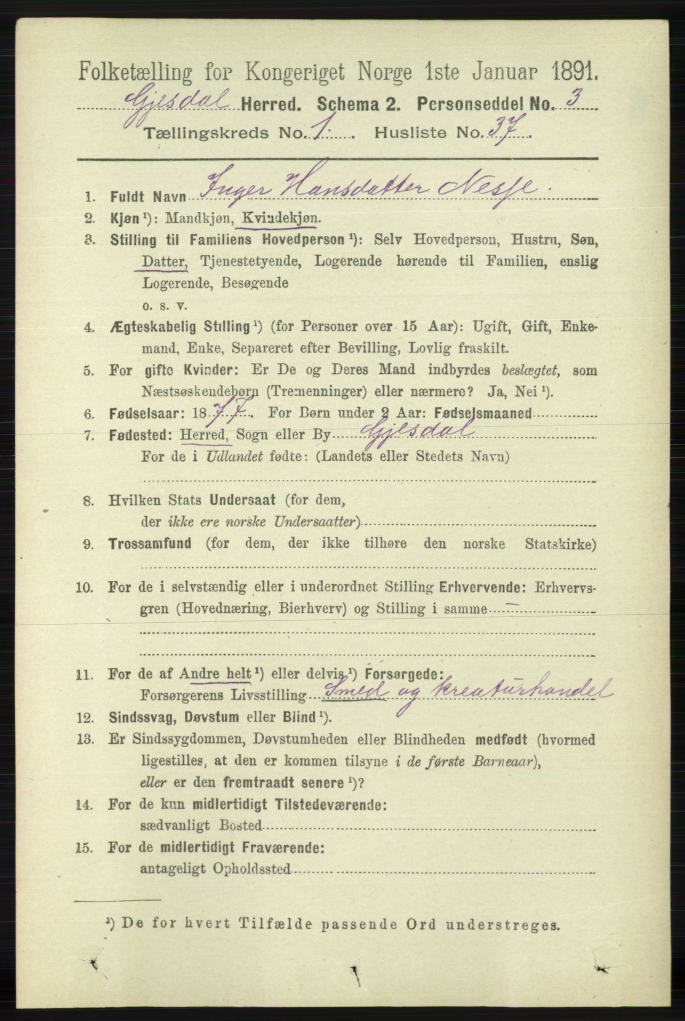 RA, 1891 census for 1122 Gjesdal, 1891, p. 333