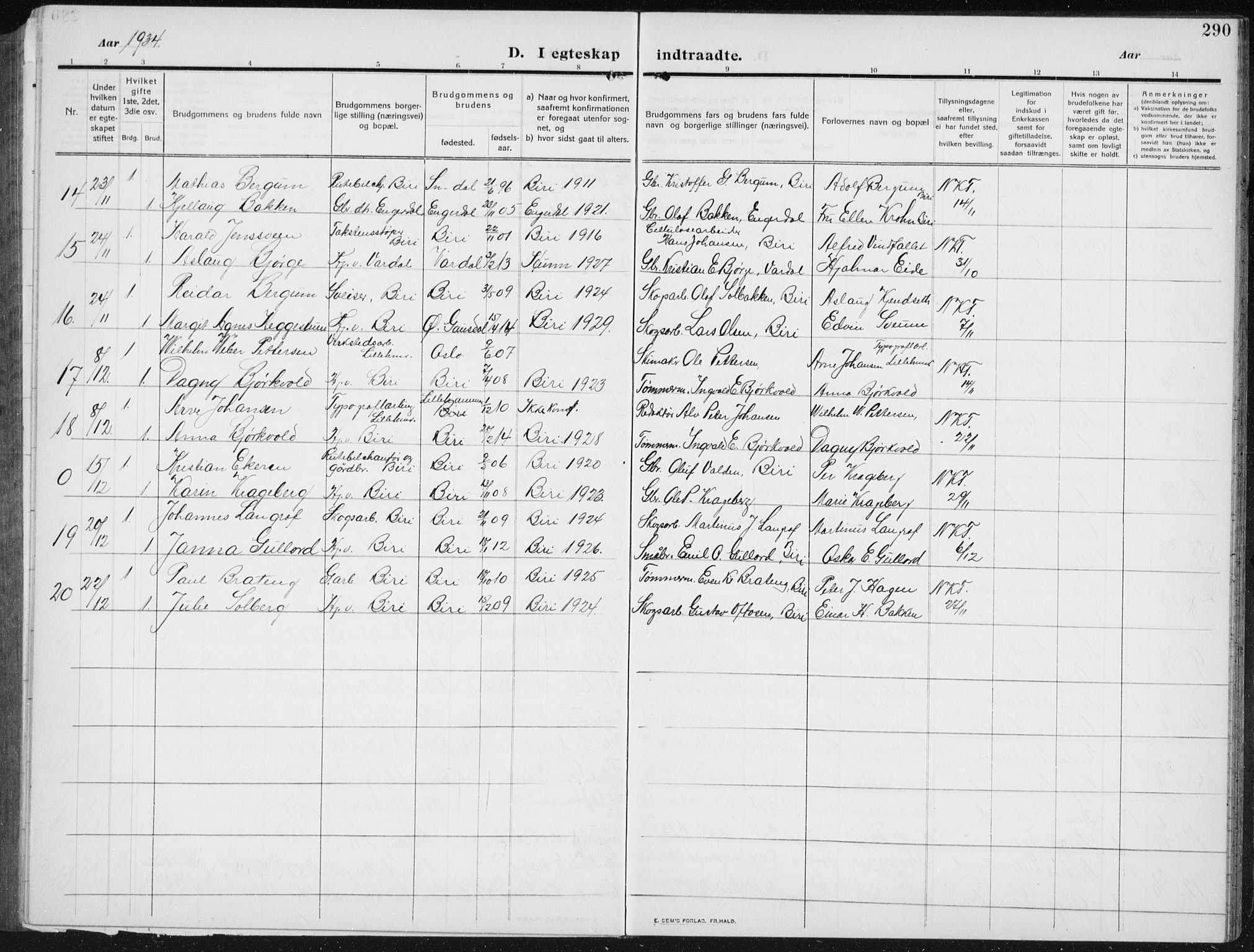 Biri prestekontor, SAH/PREST-096/H/Ha/Hab/L0006: Parish register (copy) no. 6, 1909-1938, p. 290