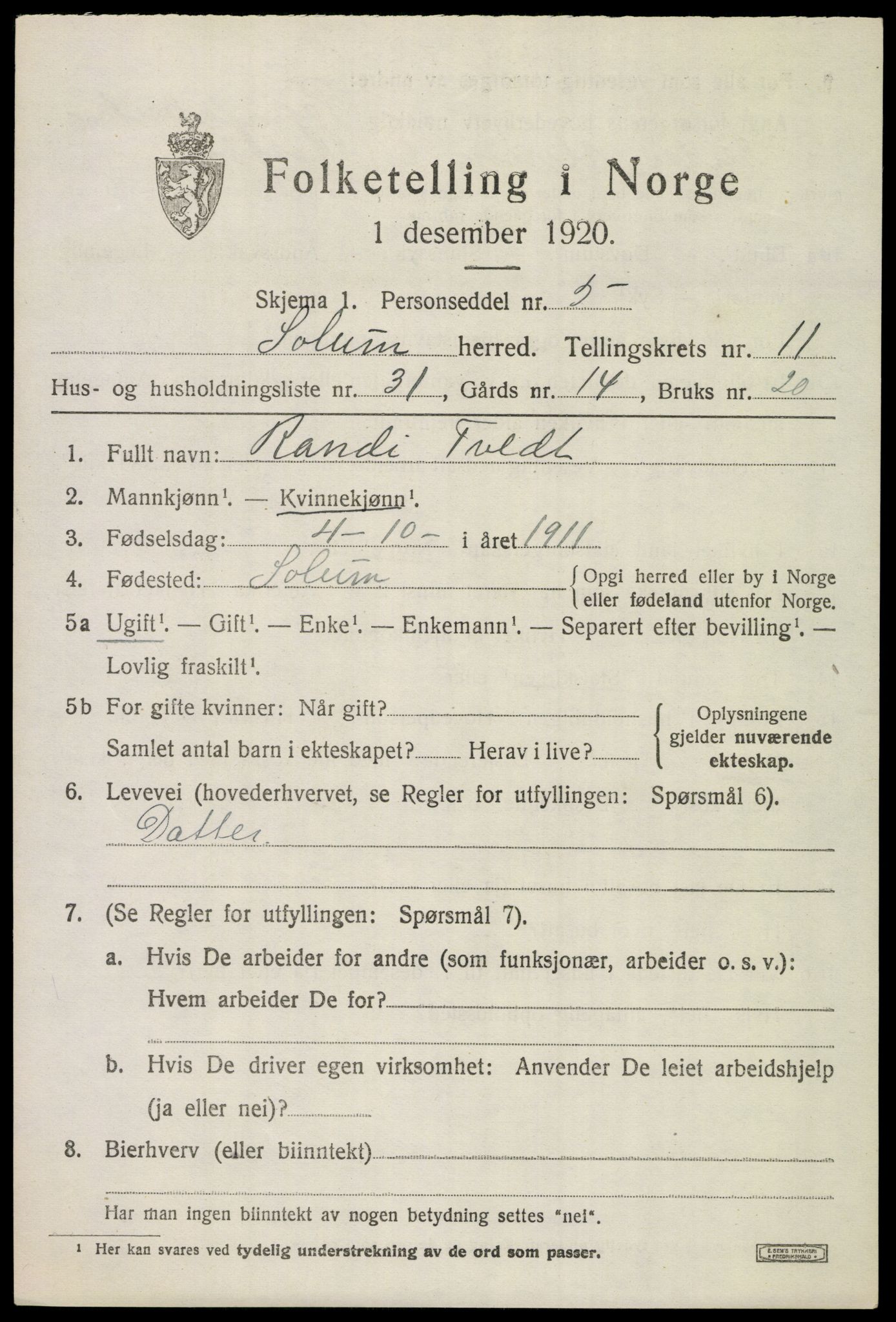 SAKO, 1920 census for Solum, 1920, p. 16160