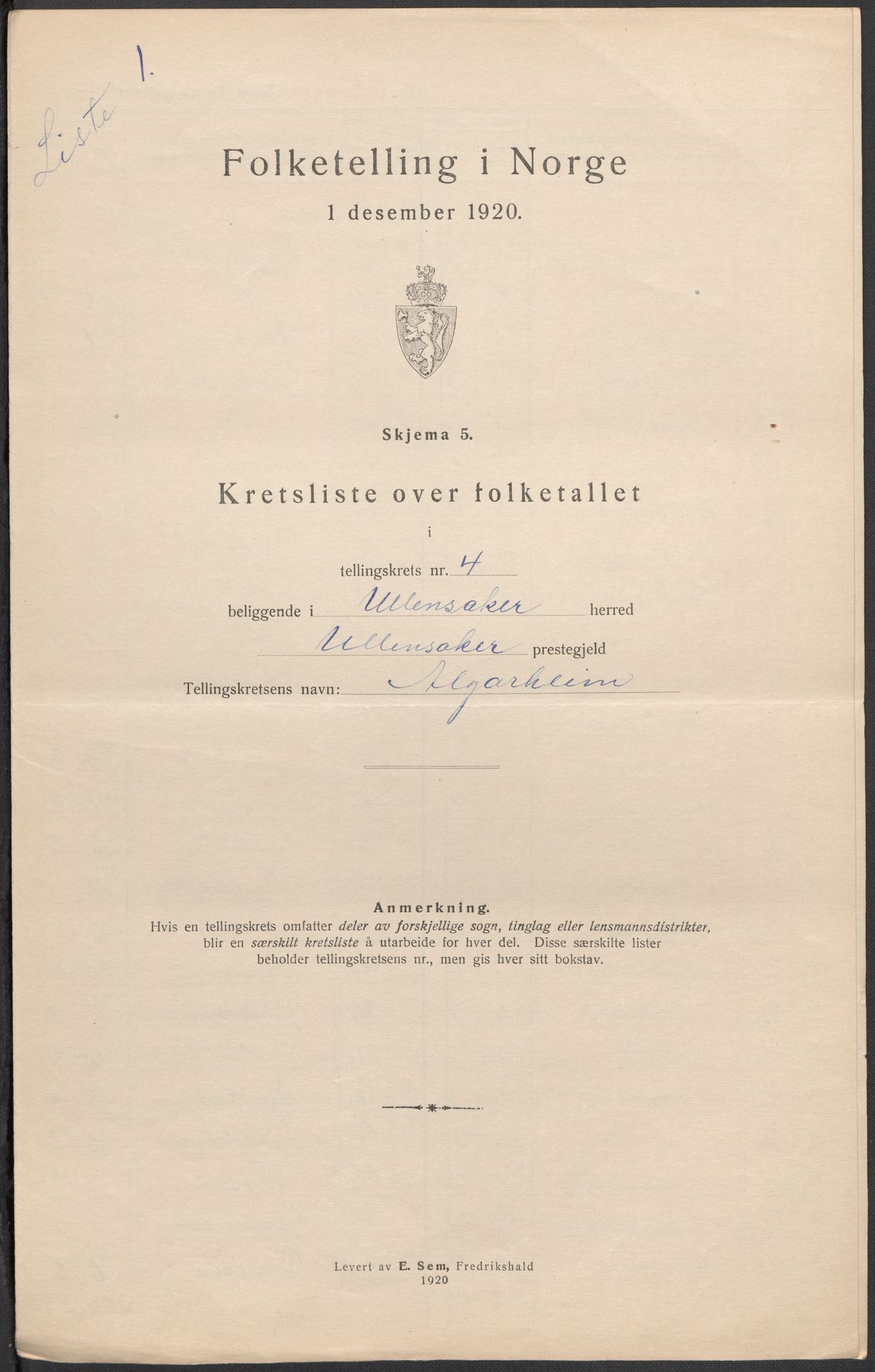 SAO, 1920 census for Ullensaker, 1920, p. 22