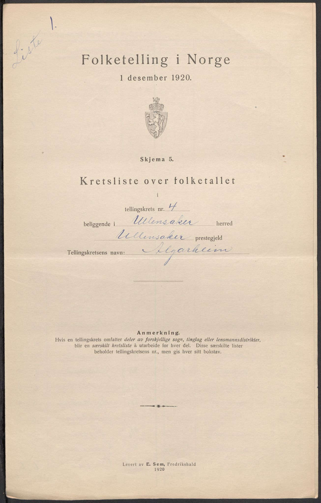 SAO, 1920 census for Ullensaker, 1920, p. 22