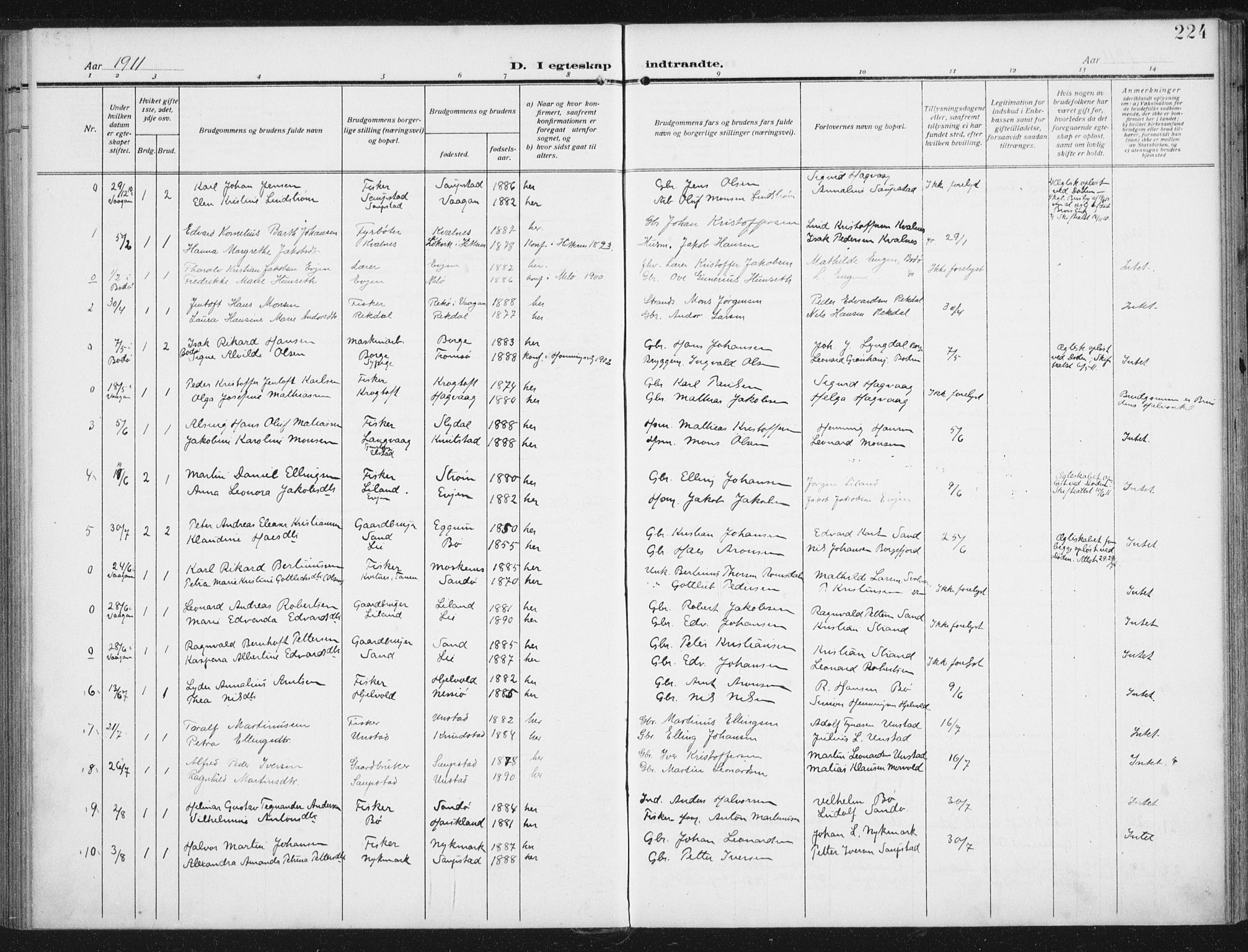 Ministerialprotokoller, klokkerbøker og fødselsregistre - Nordland, AV/SAT-A-1459/880/L1135: Parish register (official) no. 880A09, 1908-1919, p. 224