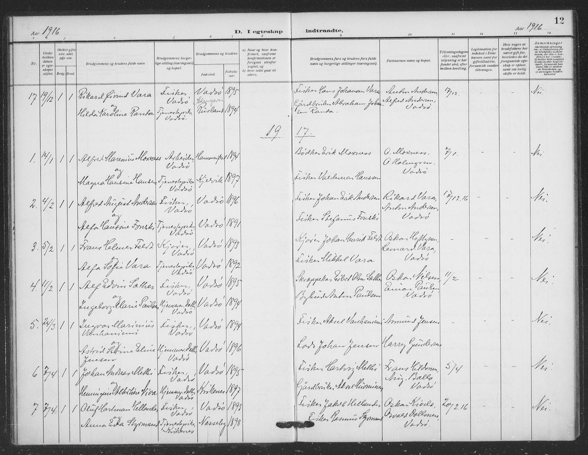 Vadsø sokneprestkontor, AV/SATØ-S-1325/H/Ha/L0008kirke: Parish register (official) no. 8, 1912-1930, p. 12