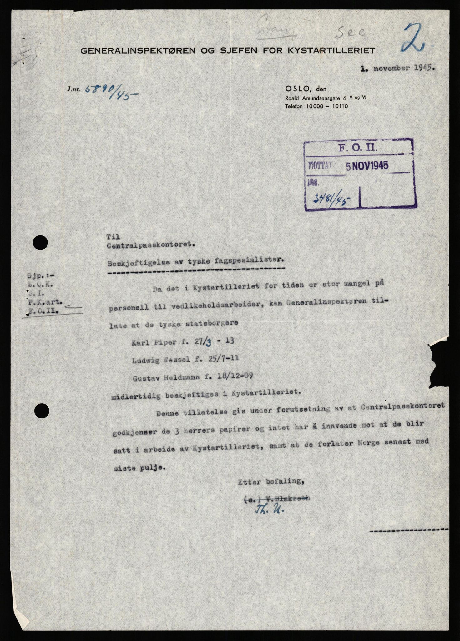 Forsvaret, Forsvarets overkommando II, RA/RAFA-3915/D/Db/L0035: CI Questionaires. Tyske okkupasjonsstyrker i Norge. Tyskere., 1945-1946, p. 443