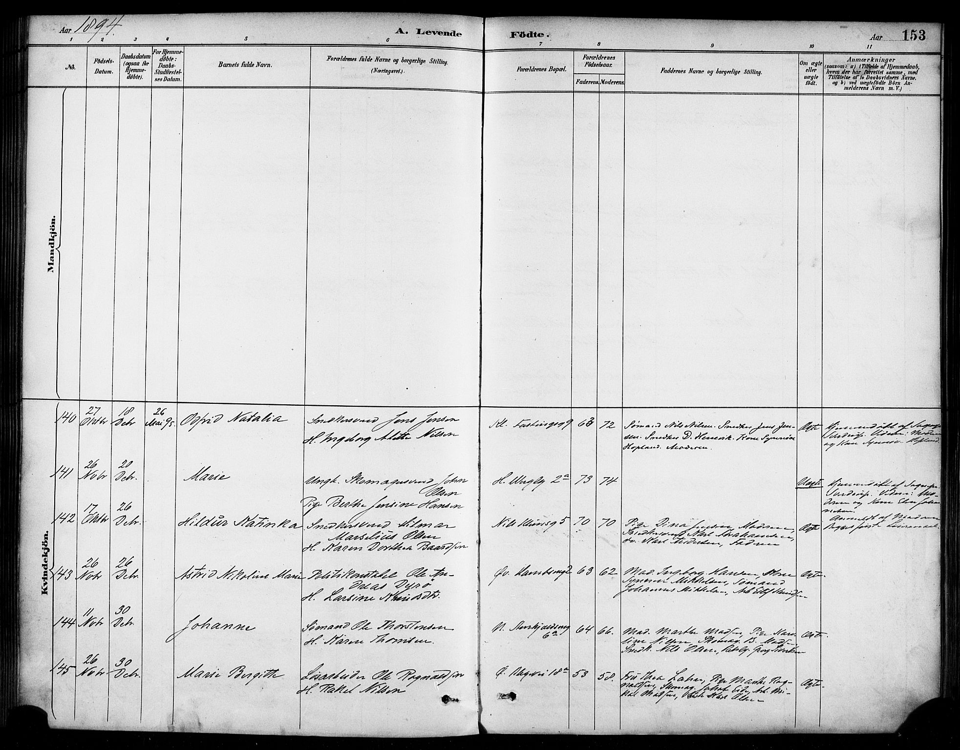 Korskirken sokneprestembete, AV/SAB-A-76101/H/Haa/L0022: Parish register (official) no. B 8, 1889-1899, p. 153