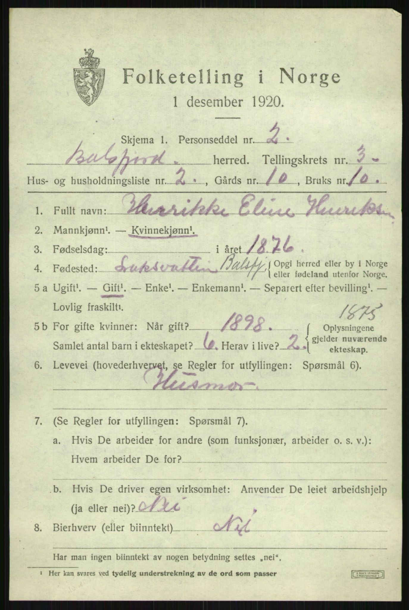 SATØ, 1920 census for Balsfjord, 1920, p. 2130