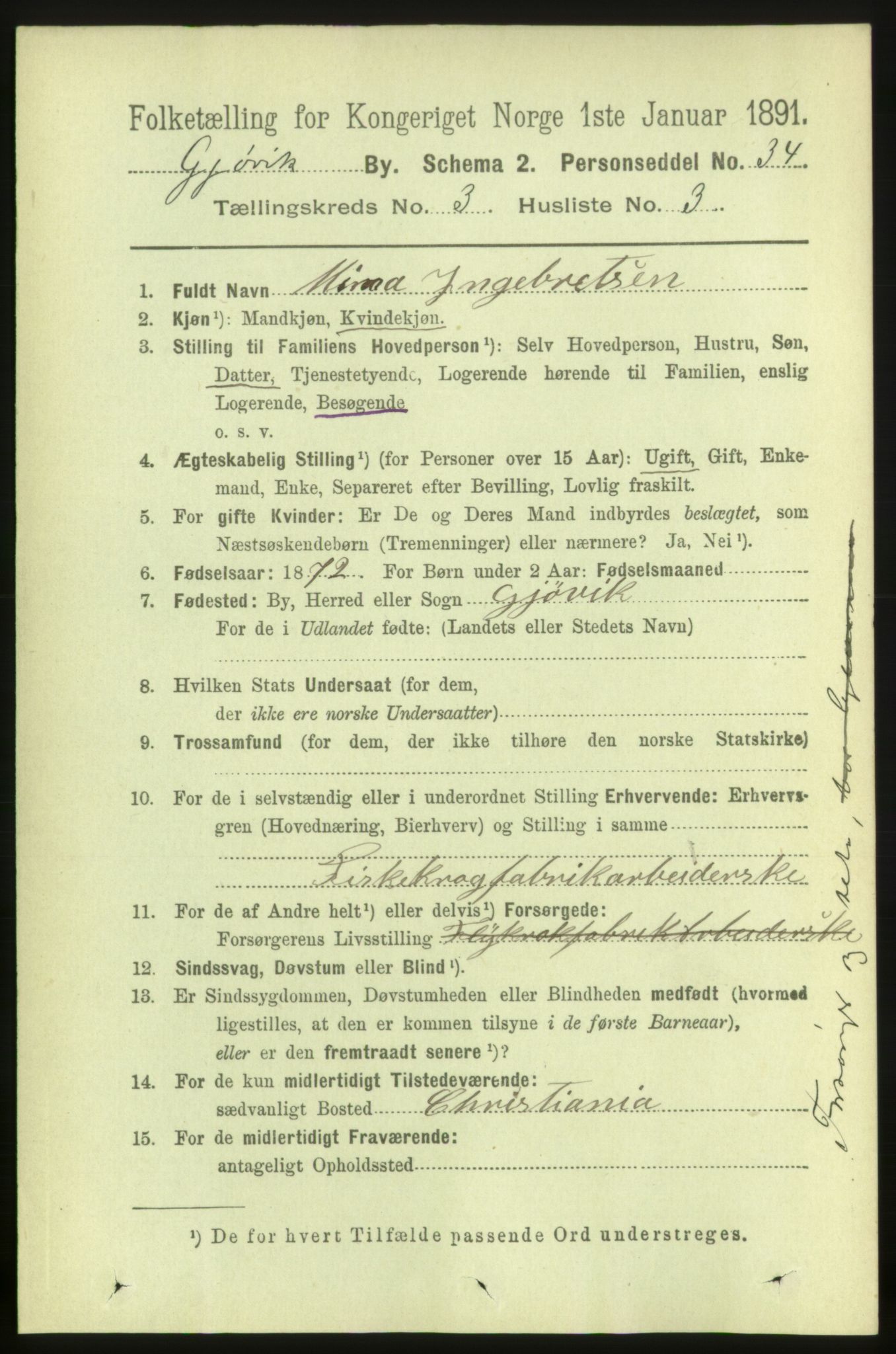 RA, 1891 census for 0502 Gjøvik, 1891, p. 1045