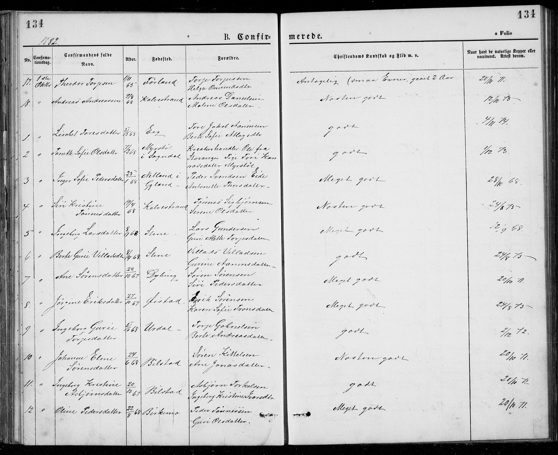 Lund sokneprestkontor, SAST/A-101809/S07/L0005: Parish register (copy) no. B 5, 1875-1889, p. 134