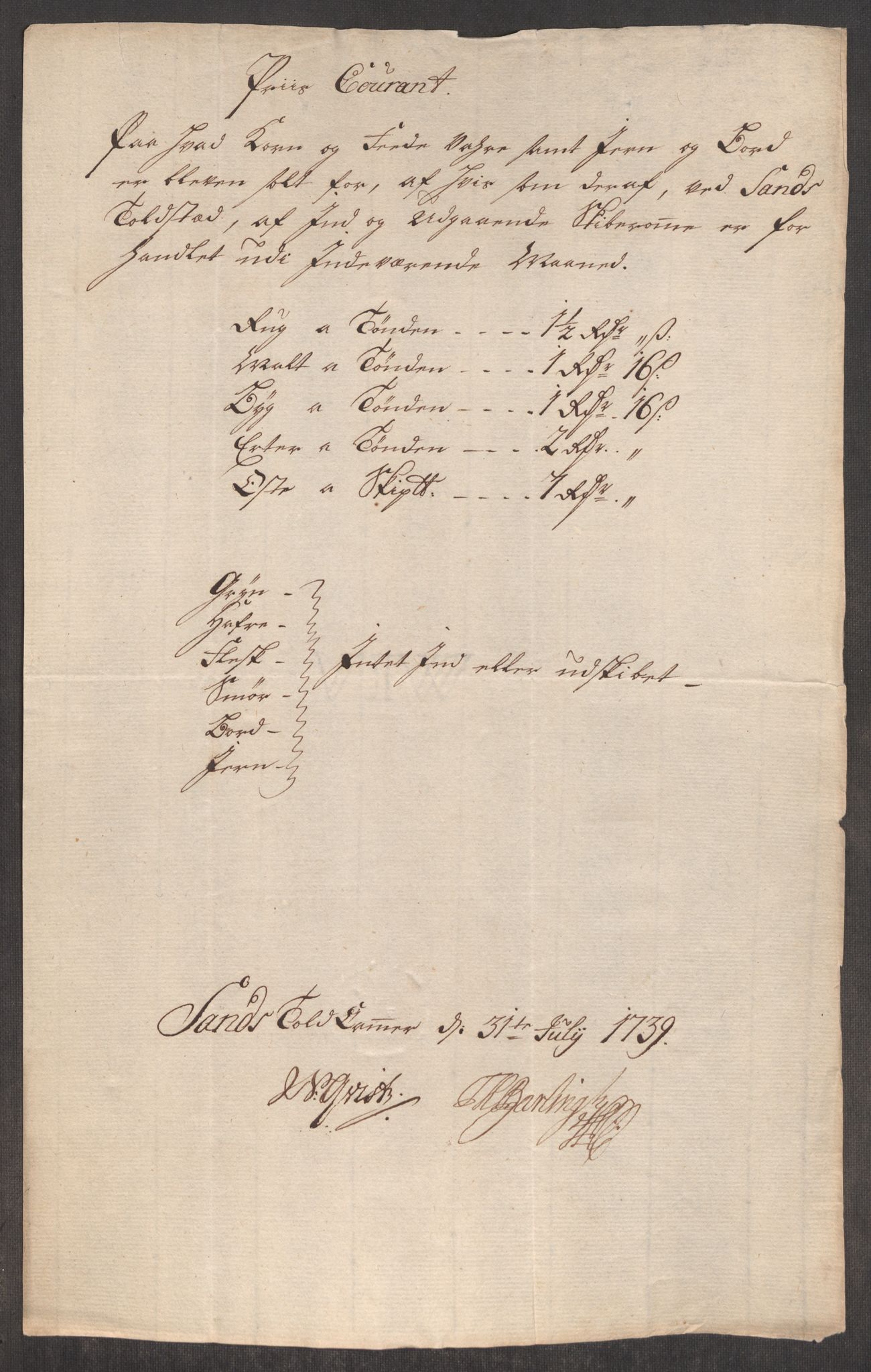 Rentekammeret inntil 1814, Realistisk ordnet avdeling, AV/RA-EA-4070/Oe/L0001: [Ø1]: Priskuranter, 1712-1739, p. 935