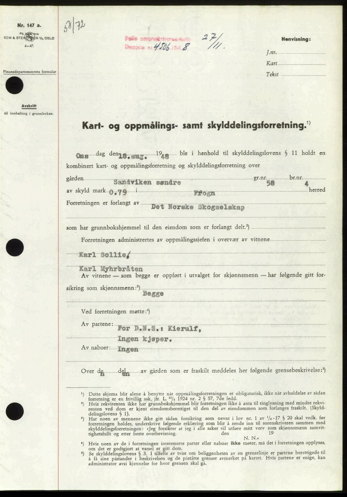 Follo sorenskriveri, SAO/A-10274/G/Ga/Gaa/L0085: Mortgage book no. I 85, 1948-1948, Diary no: : 4506/1948