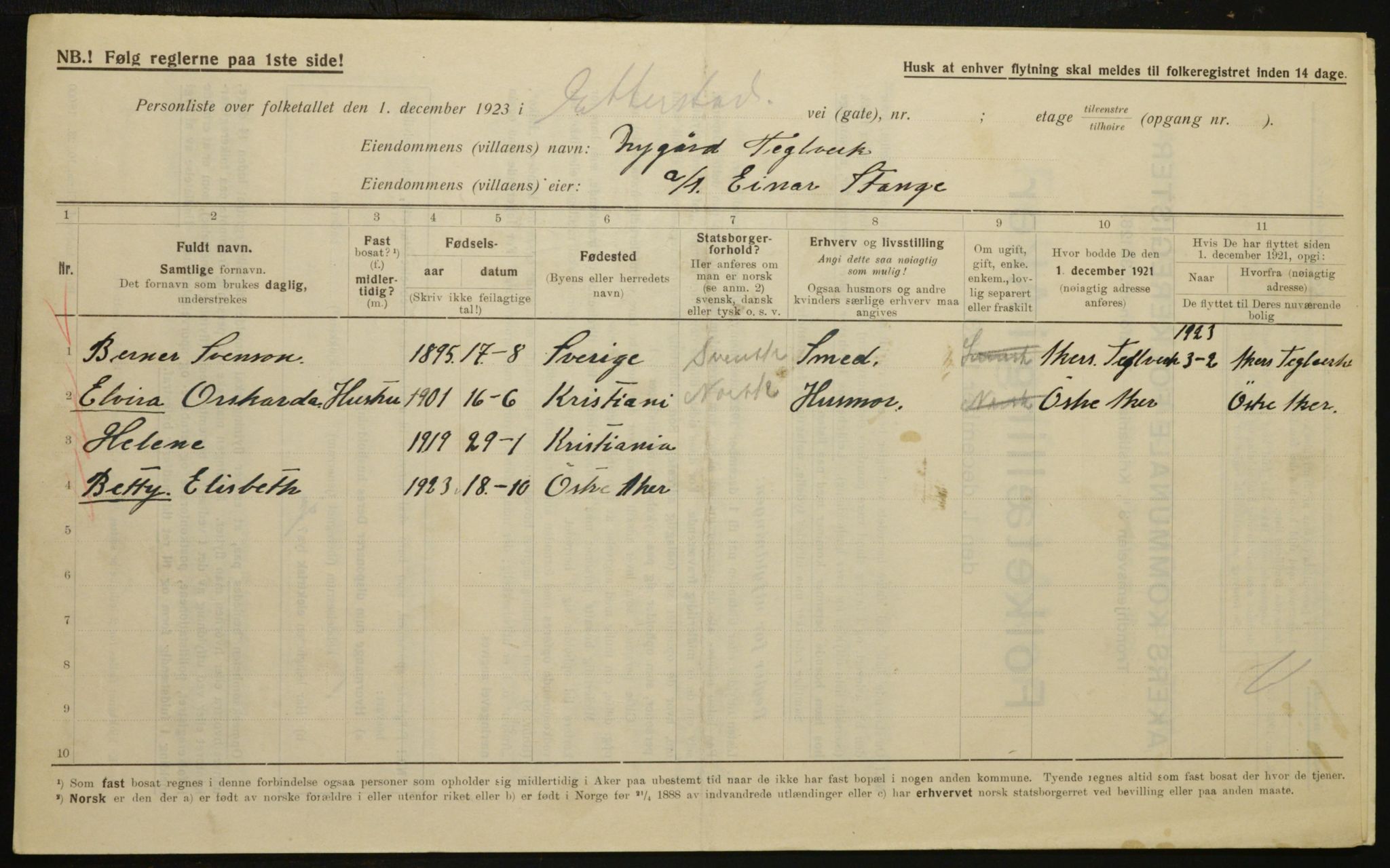 , Municipal Census 1923 for Aker, 1923, p. 23638