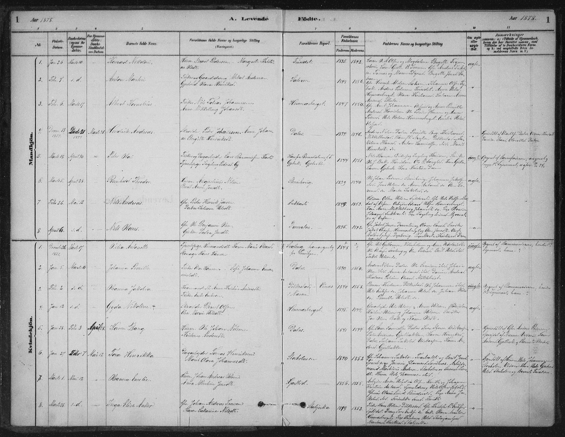 Ministerialprotokoller, klokkerbøker og fødselsregistre - Nordland, AV/SAT-A-1459/825/L0361: Parish register (official) no. 825A15, 1878-1893, p. 1