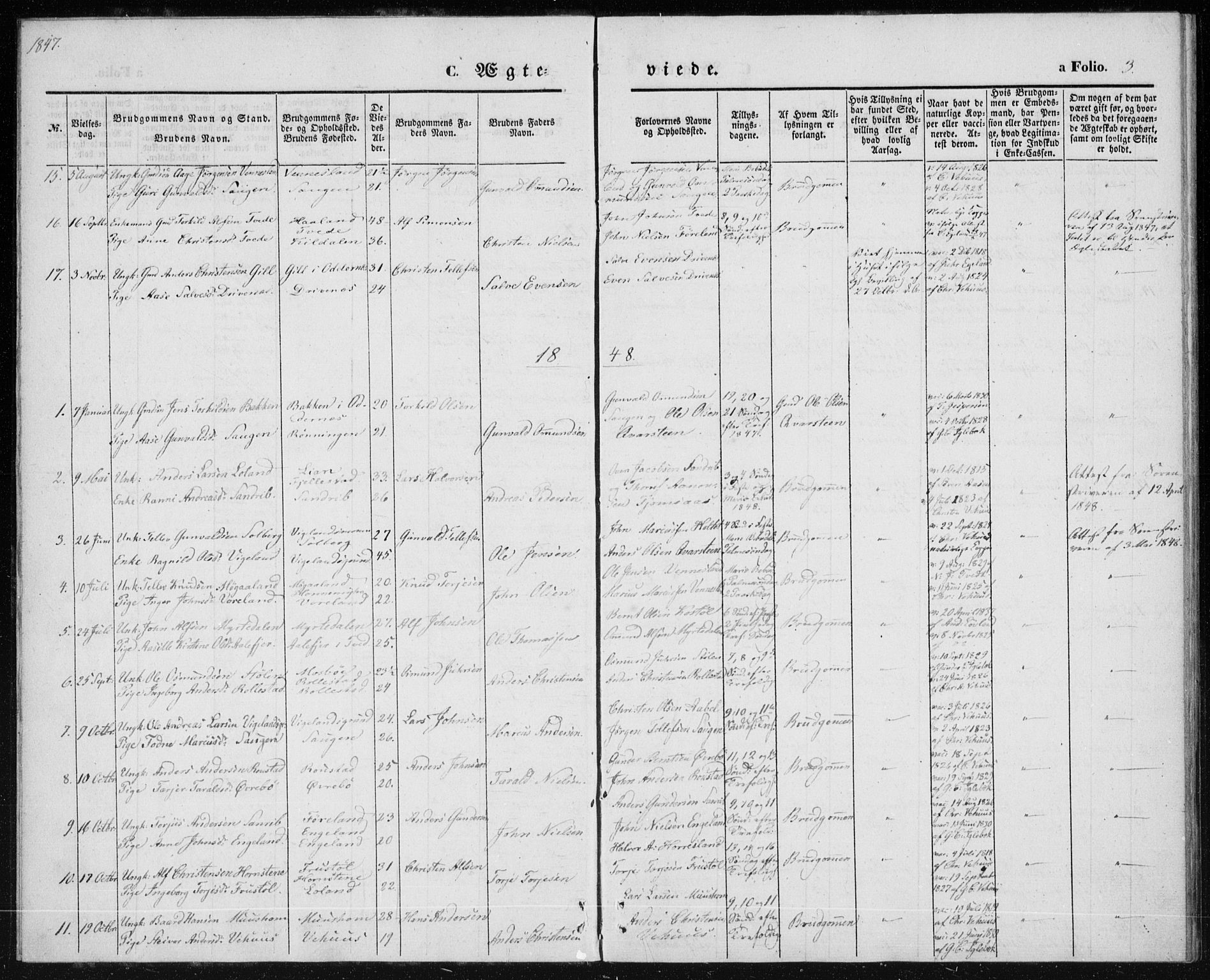 Vennesla sokneprestkontor, AV/SAK-1111-0045/Fa/Fac/L0006: Parish register (official) no. A 6, 1846-1855, p. 3