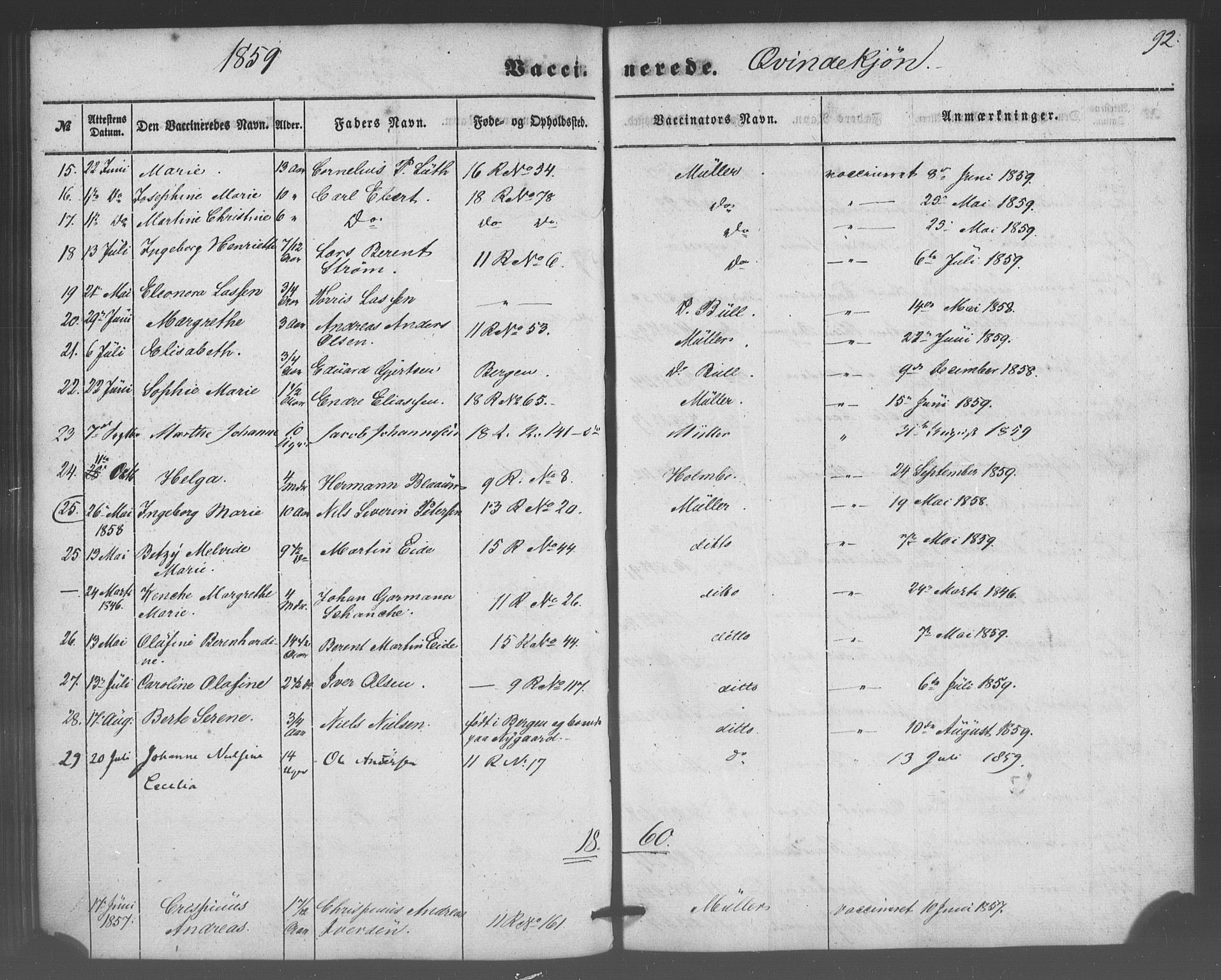 Domkirken sokneprestembete, AV/SAB-A-74801/H/Haa/L0047: Parish register (official) no. F 2, 1852-1868, p. 92