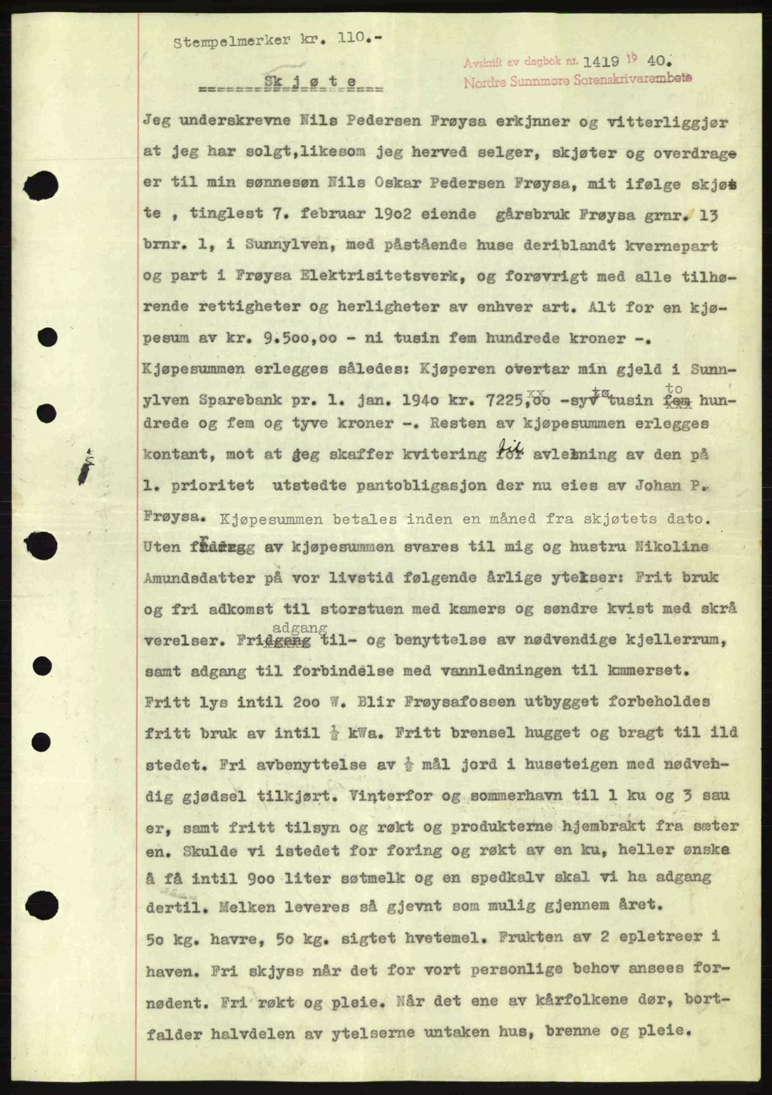 Nordre Sunnmøre sorenskriveri, AV/SAT-A-0006/1/2/2C/2Ca: Mortgage book no. A9, 1940-1940, Diary no: : 1419/1940