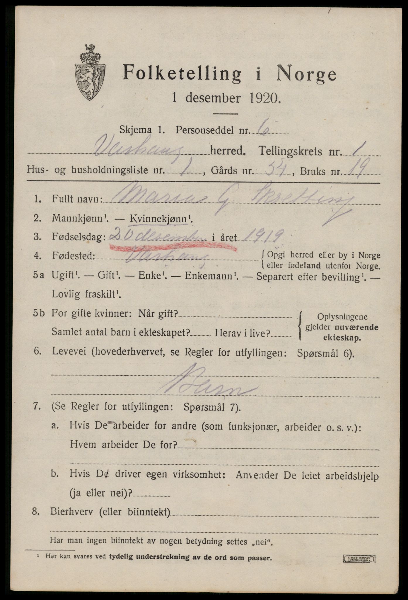 SAST, 1920 census for Varhaug, 1920, p. 813