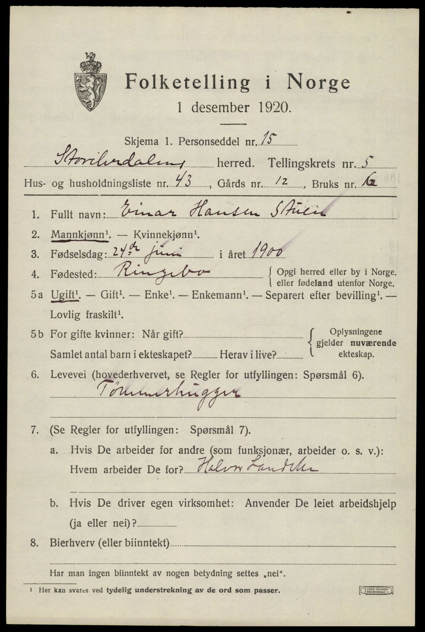 SAH, 1920 census for Stor-Elvdal, 1920, p. 4908