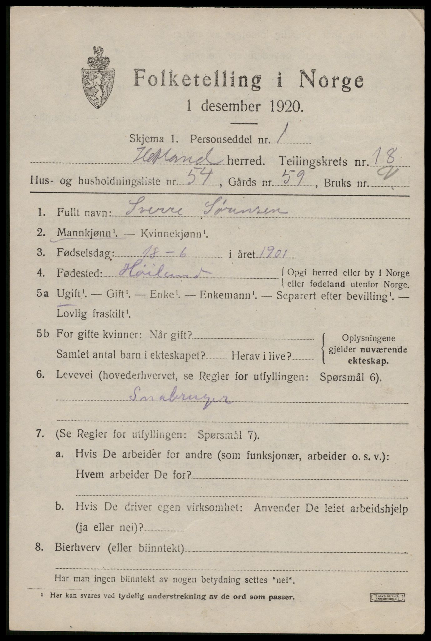 SAST, 1920 census for Hetland, 1920, p. 25693