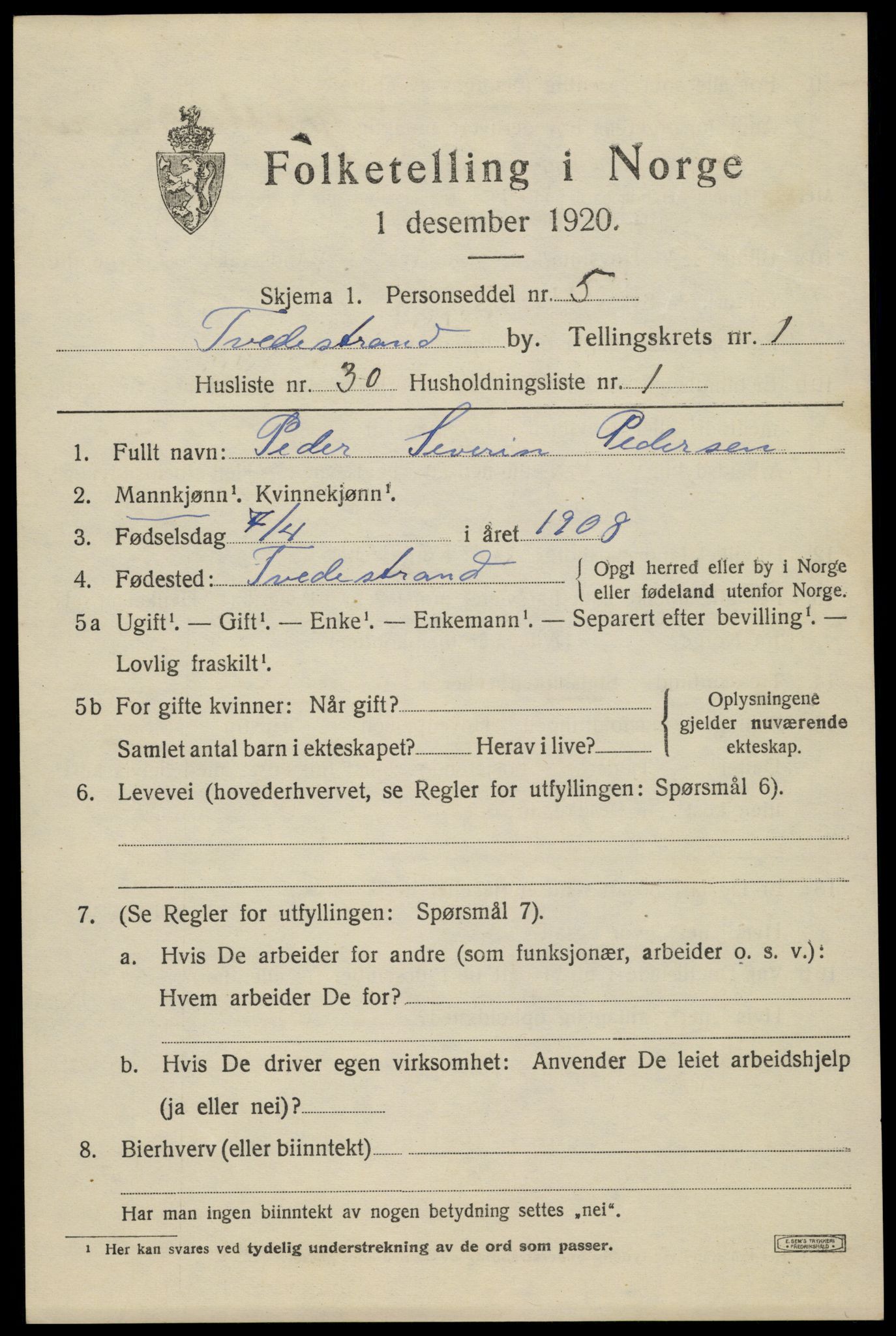 SAK, 1920 census for Tvedestrand, 1920, p. 1599