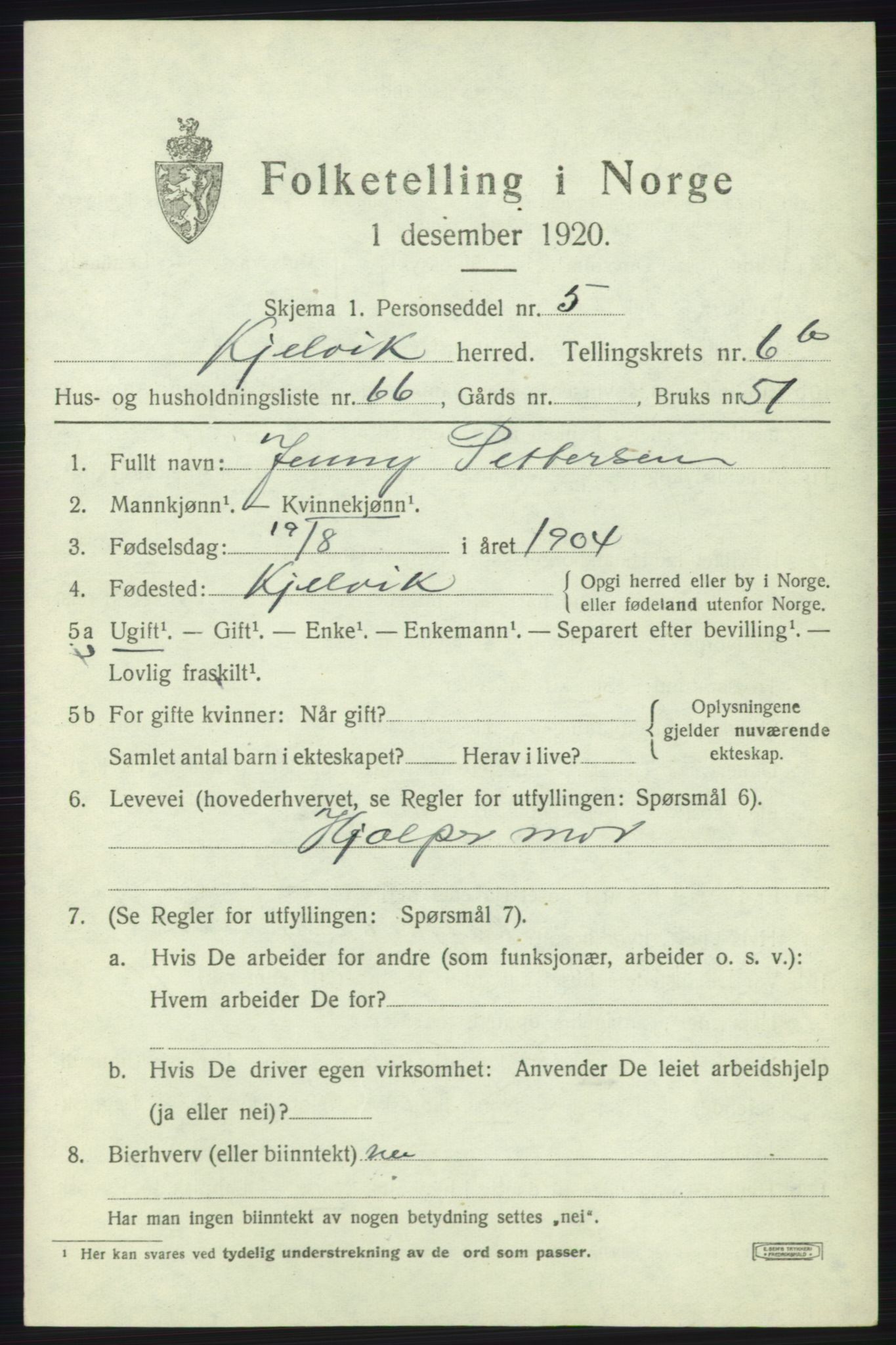 SATØ, 1920 census for Kjelvik, 1920, p. 4311