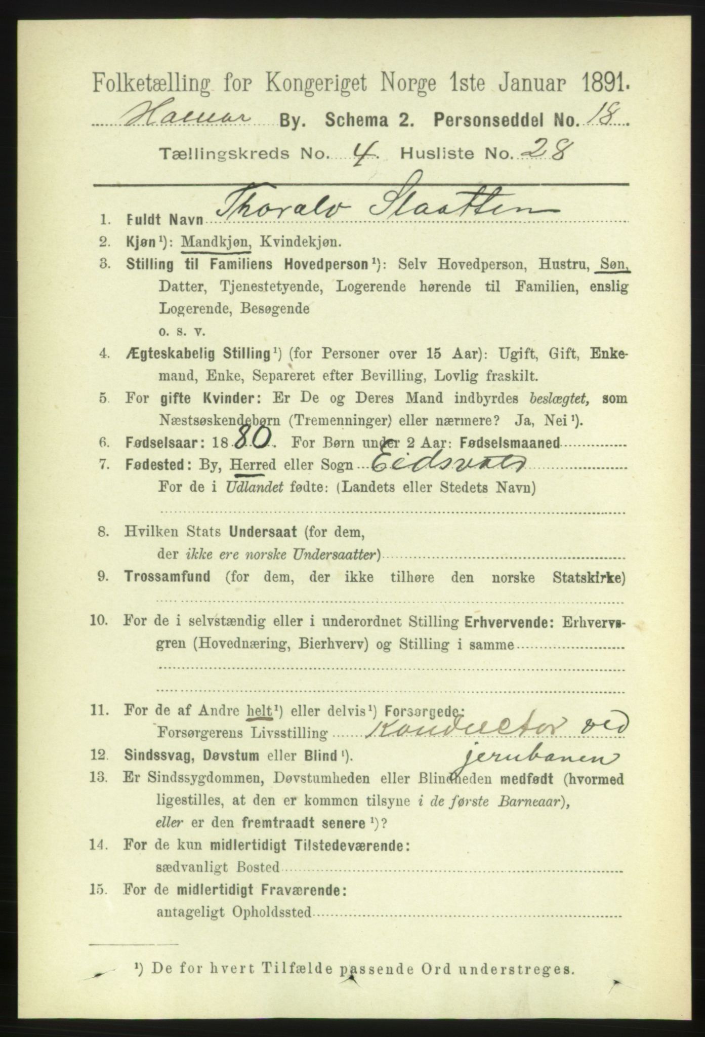 RA, 1891 census for 0401 Hamar, 1891, p. 3335