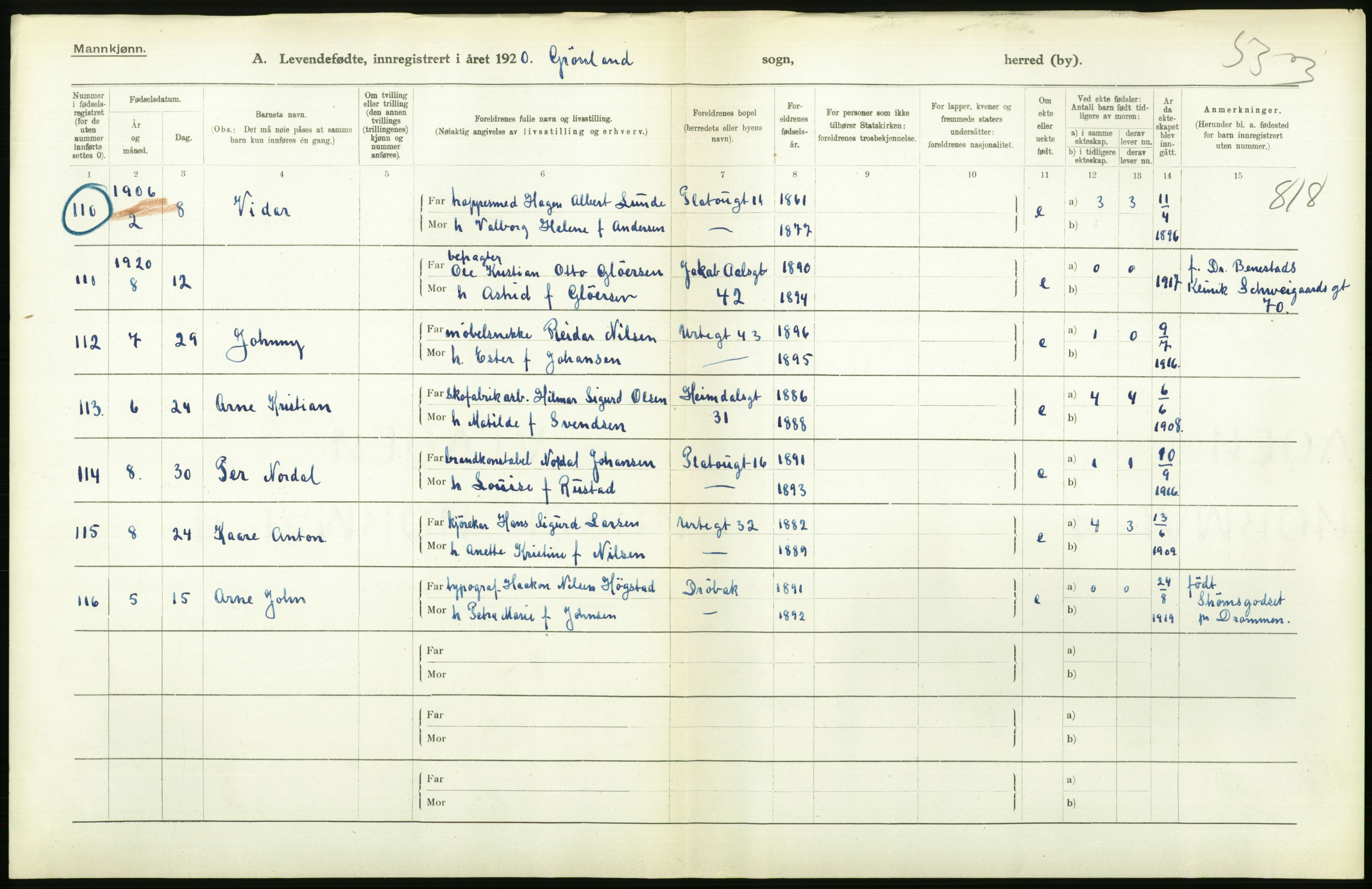 Statistisk sentralbyrå, Sosiodemografiske emner, Befolkning, AV/RA-S-2228/D/Df/Dfb/Dfbj/L0008: Kristiania: Levendefødte menn og kvinner., 1920, p. 138