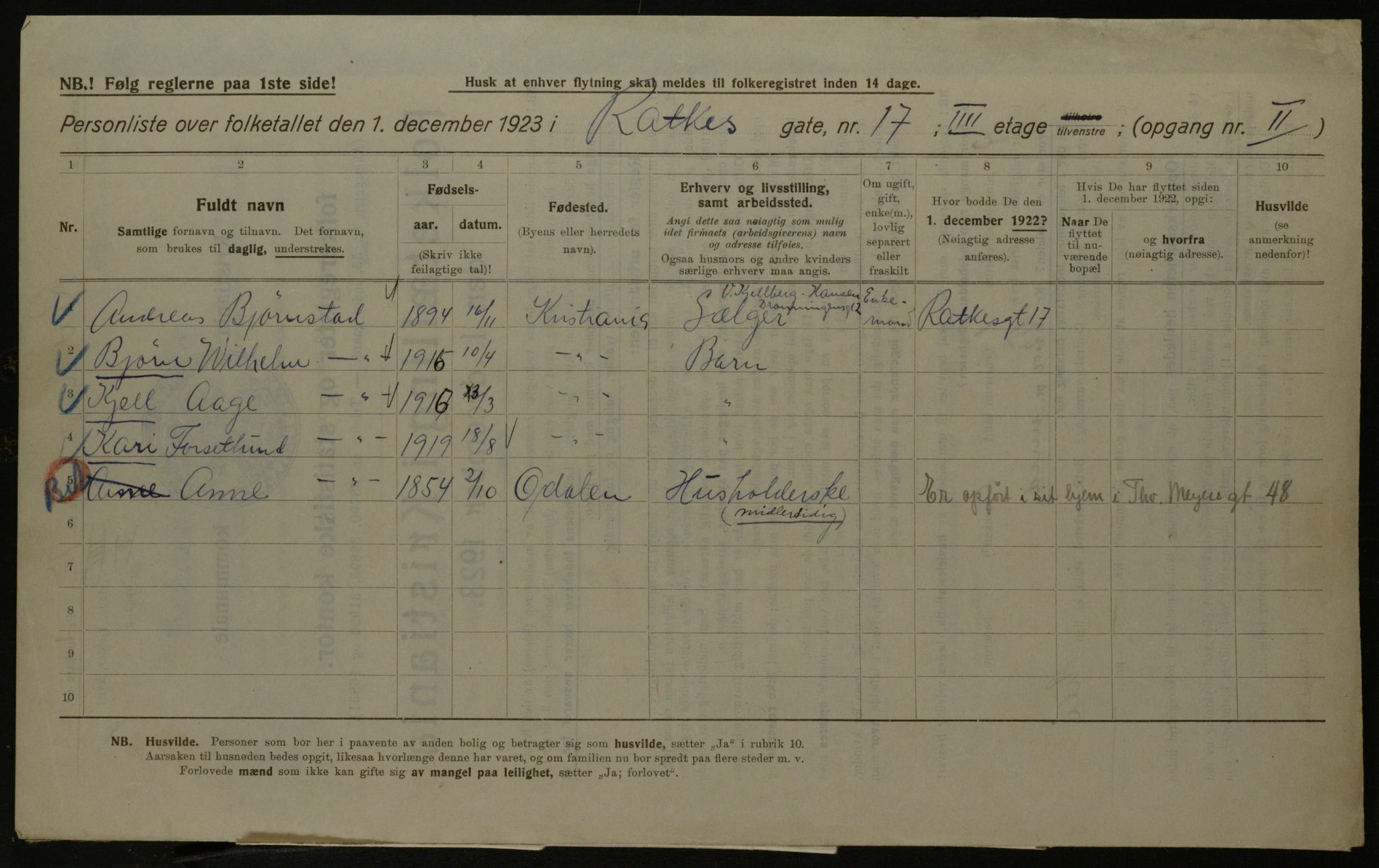 OBA, Municipal Census 1923 for Kristiania, 1923, p. 91315