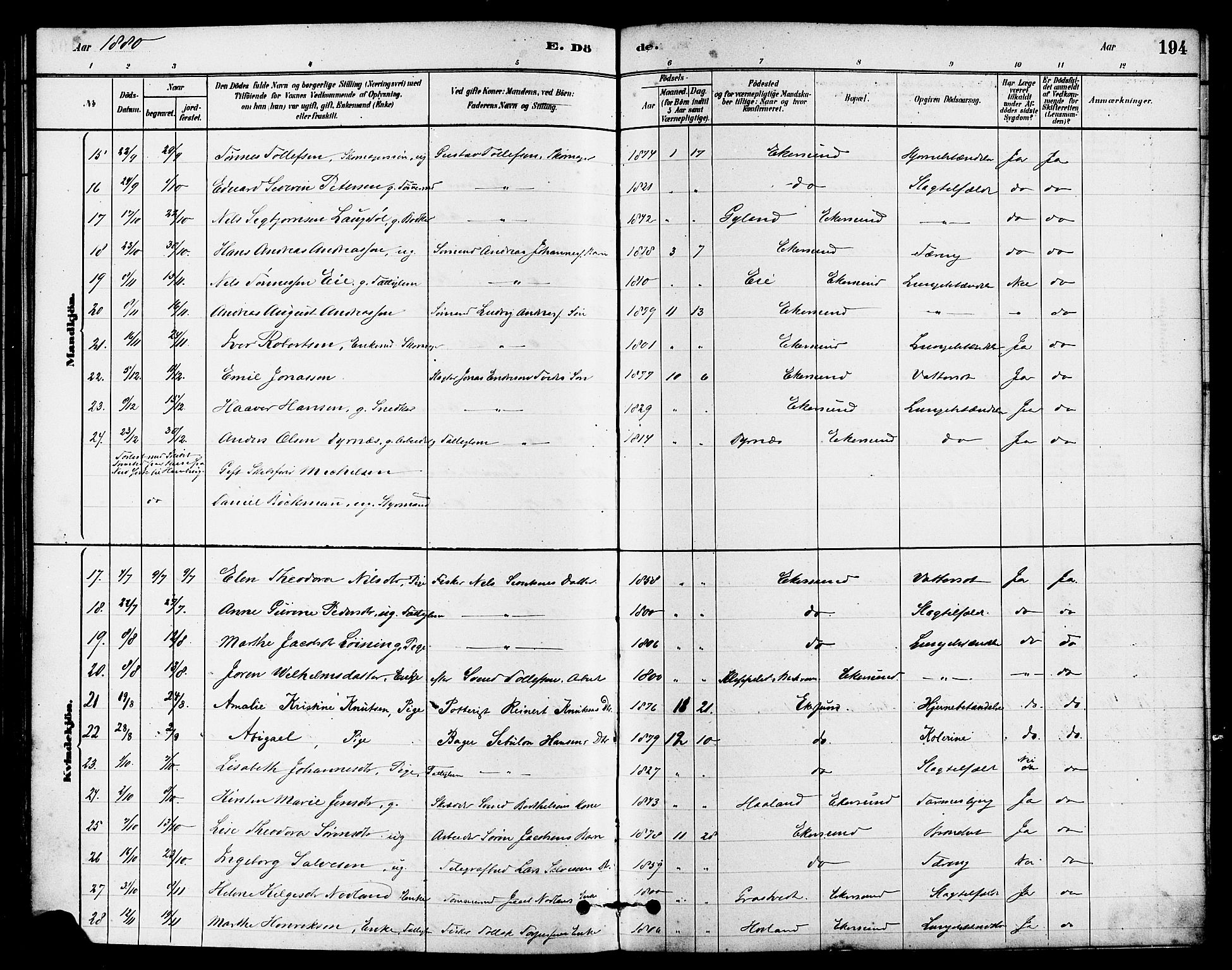 Eigersund sokneprestkontor, AV/SAST-A-101807/S08/L0015: Parish register (official) no. A 15, 1879-1892, p. 194