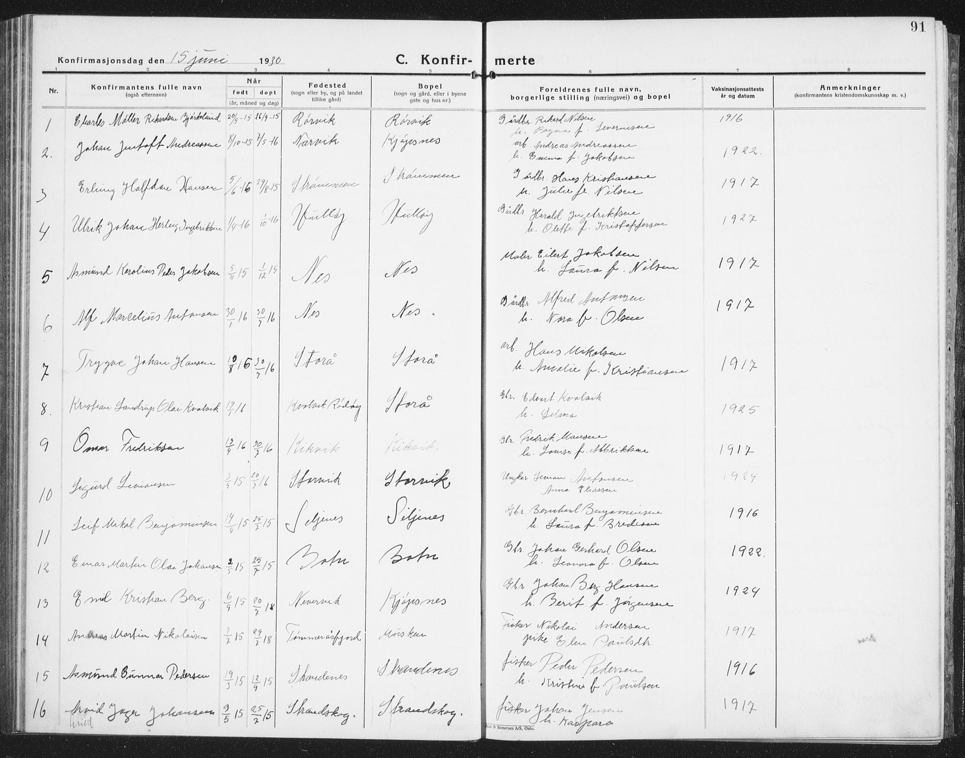 Ministerialprotokoller, klokkerbøker og fødselsregistre - Nordland, SAT/A-1459/861/L0879: Parish register (copy) no. 861C05, 1926-1939, p. 91