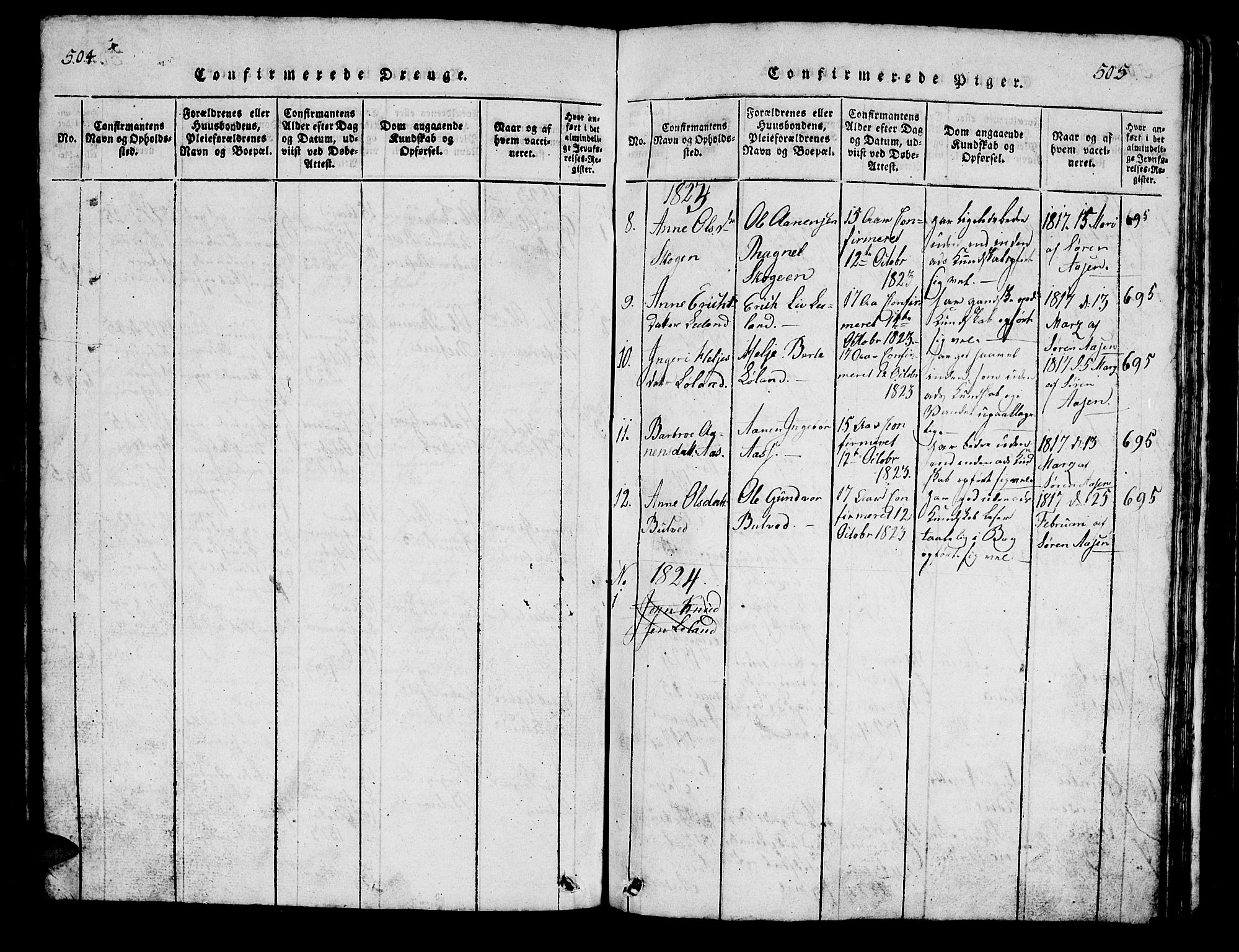 Bjelland sokneprestkontor, SAK/1111-0005/F/Fb/Fbc/L0001: Parish register (copy) no. B 1, 1815-1870, p. 504-505