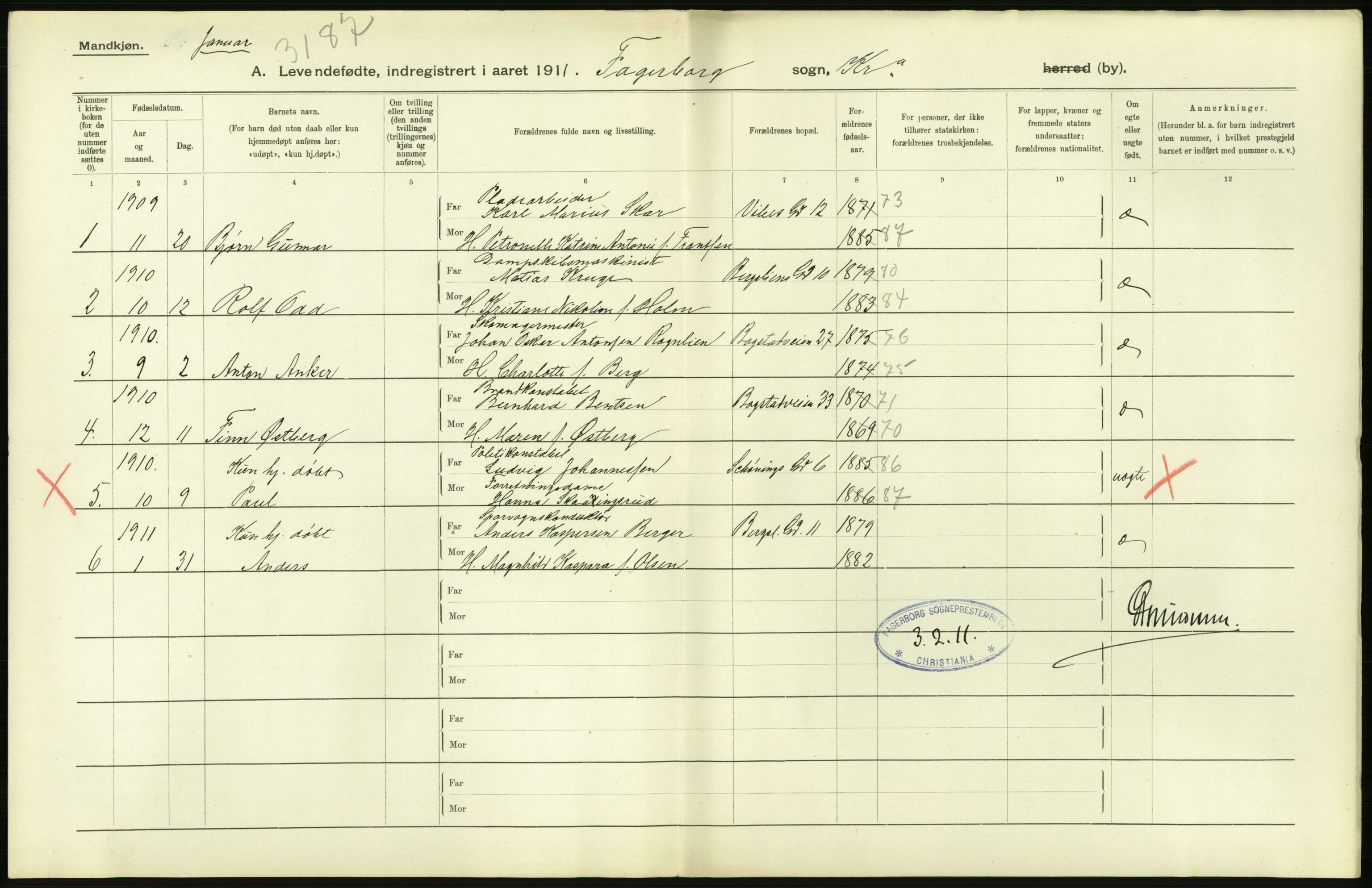 Statistisk sentralbyrå, Sosiodemografiske emner, Befolkning, AV/RA-S-2228/D/Df/Dfb/Dfba/L0006: Kristiania: Levendefødte menn., 1911, p. 136