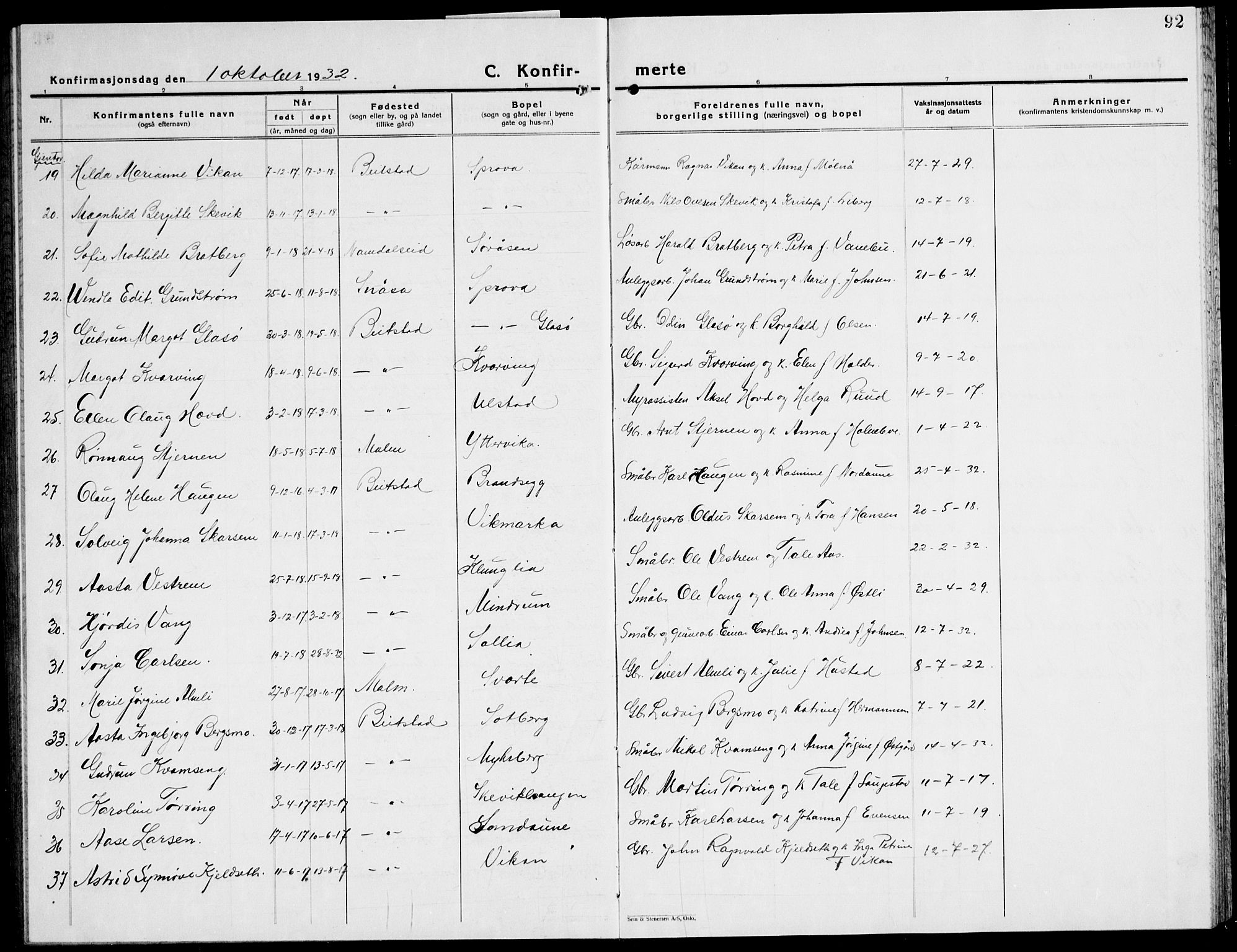 Ministerialprotokoller, klokkerbøker og fødselsregistre - Nord-Trøndelag, SAT/A-1458/741/L0403: Parish register (copy) no. 741C04, 1925-1944, p. 92