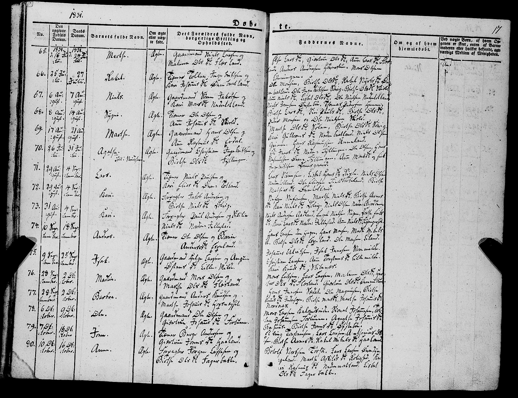 Fana Sokneprestembete, AV/SAB-A-75101/H/Haa/Haaa/L0008: Parish register (official) no. A 8, 1829-1851, p. 17