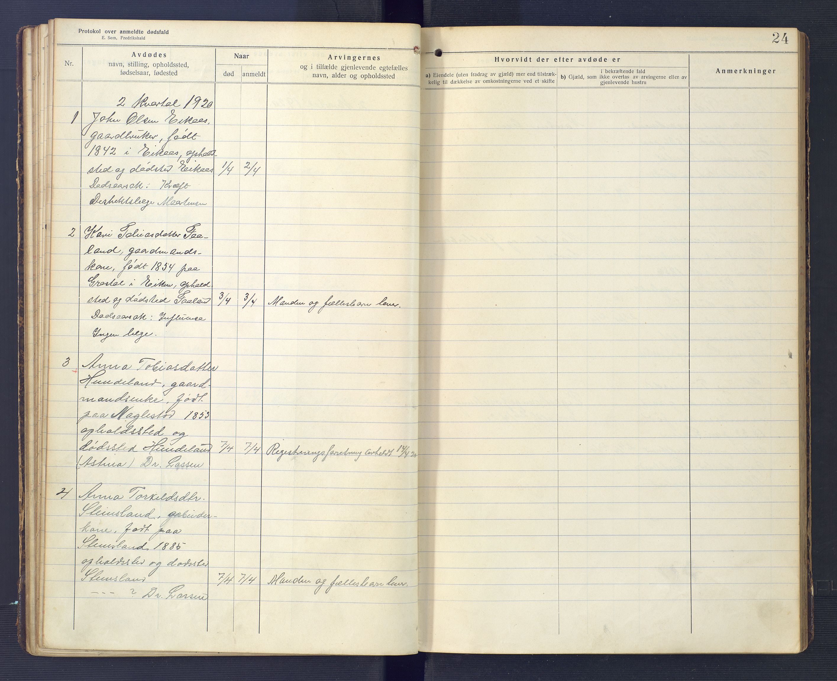 Hægebostad og Eiken lensmannskontor, AV/SAK-1241-0023/F/Fe/L0002: Dødsfallsprotokoll nr 34, 1917-1932, p. 24