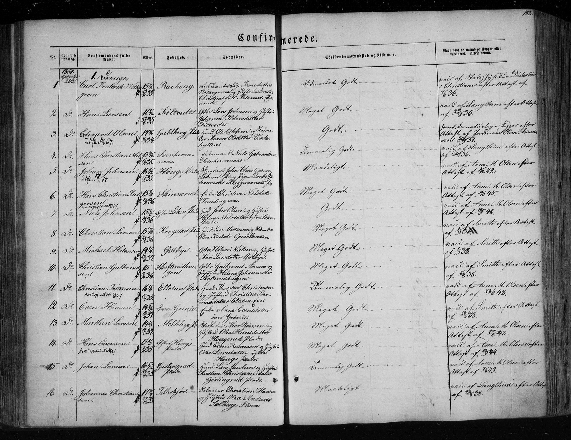 Eidsberg prestekontor Kirkebøker, SAO/A-10905/F/Fa/L0009: Parish register (official) no. I 9, 1849-1856, p. 182