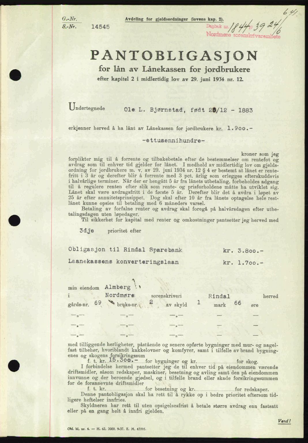 Nordmøre sorenskriveri, AV/SAT-A-4132/1/2/2Ca: Mortgage book no. B85, 1939-1939, Diary no: : 1844/1939