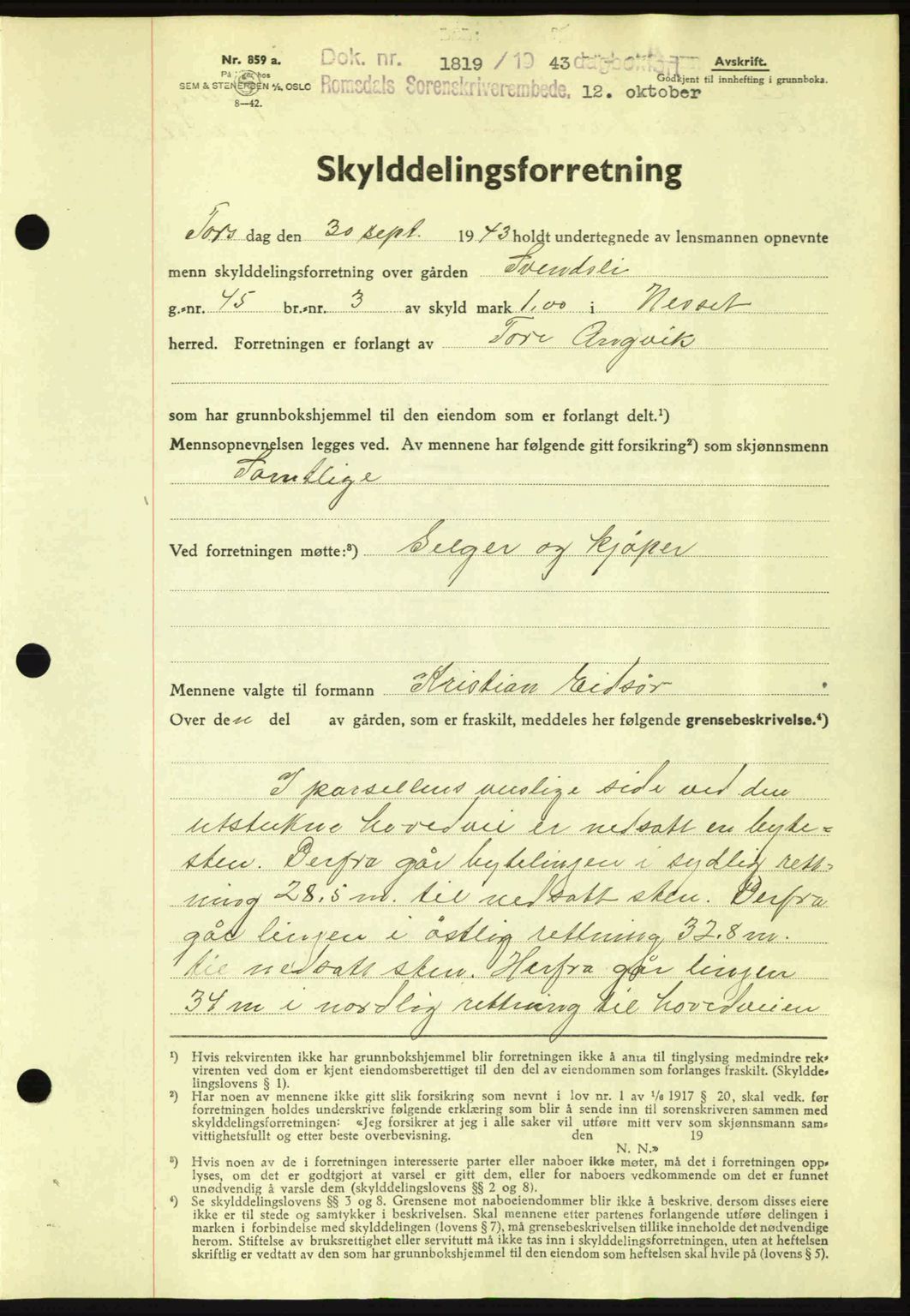 Romsdal sorenskriveri, AV/SAT-A-4149/1/2/2C: Mortgage book no. A15, 1943-1944, Diary no: : 1819/1943