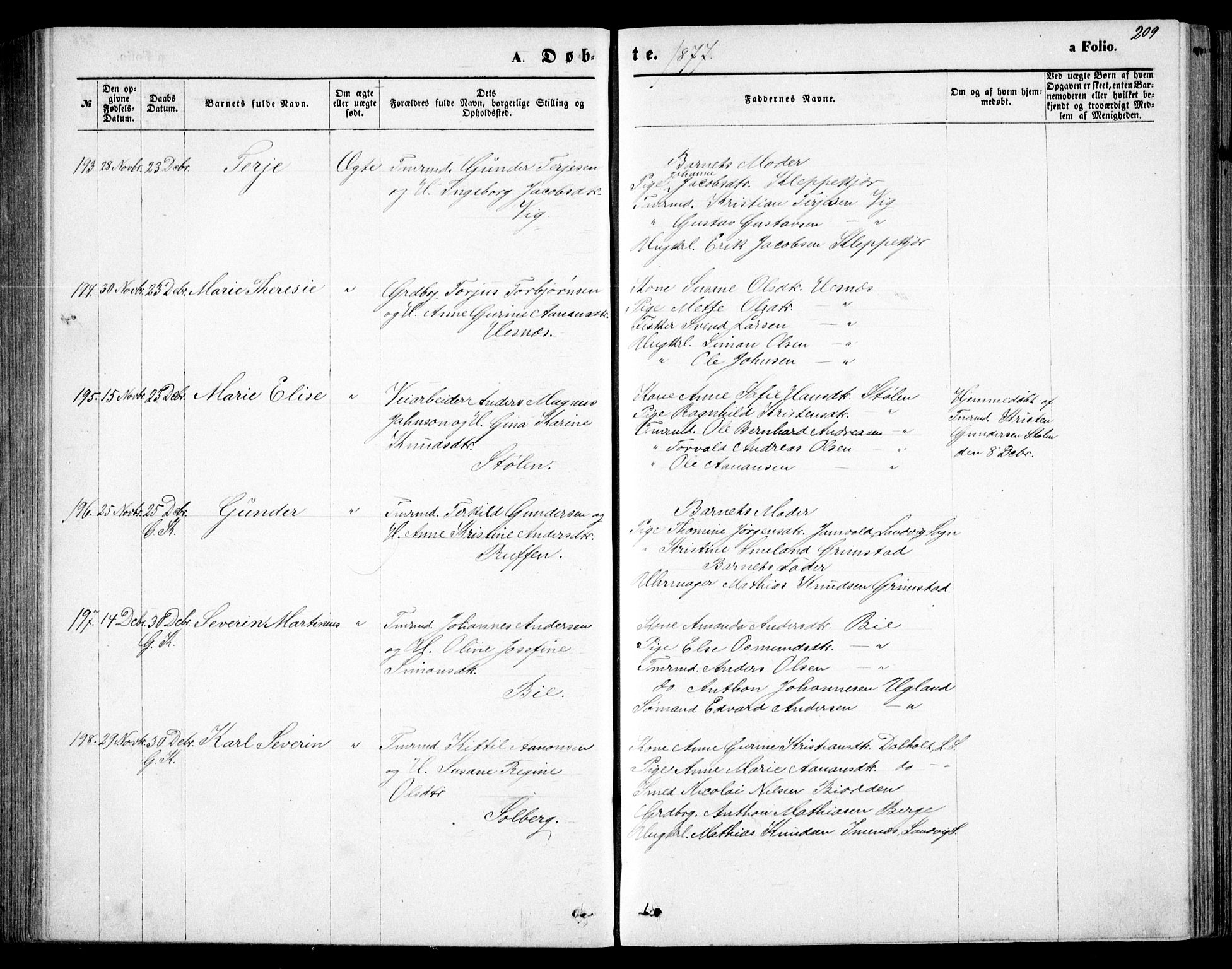 Fjære sokneprestkontor, SAK/1111-0011/F/Fb/L0010: Parish register (copy) no. B 10, 1871-1880, p. 209