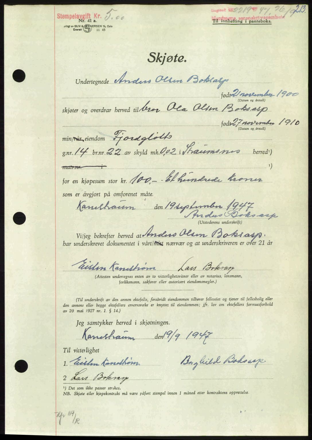 Nordmøre sorenskriveri, AV/SAT-A-4132/1/2/2Ca: Mortgage book no. A106, 1947-1947, Diary no: : 2219/1947